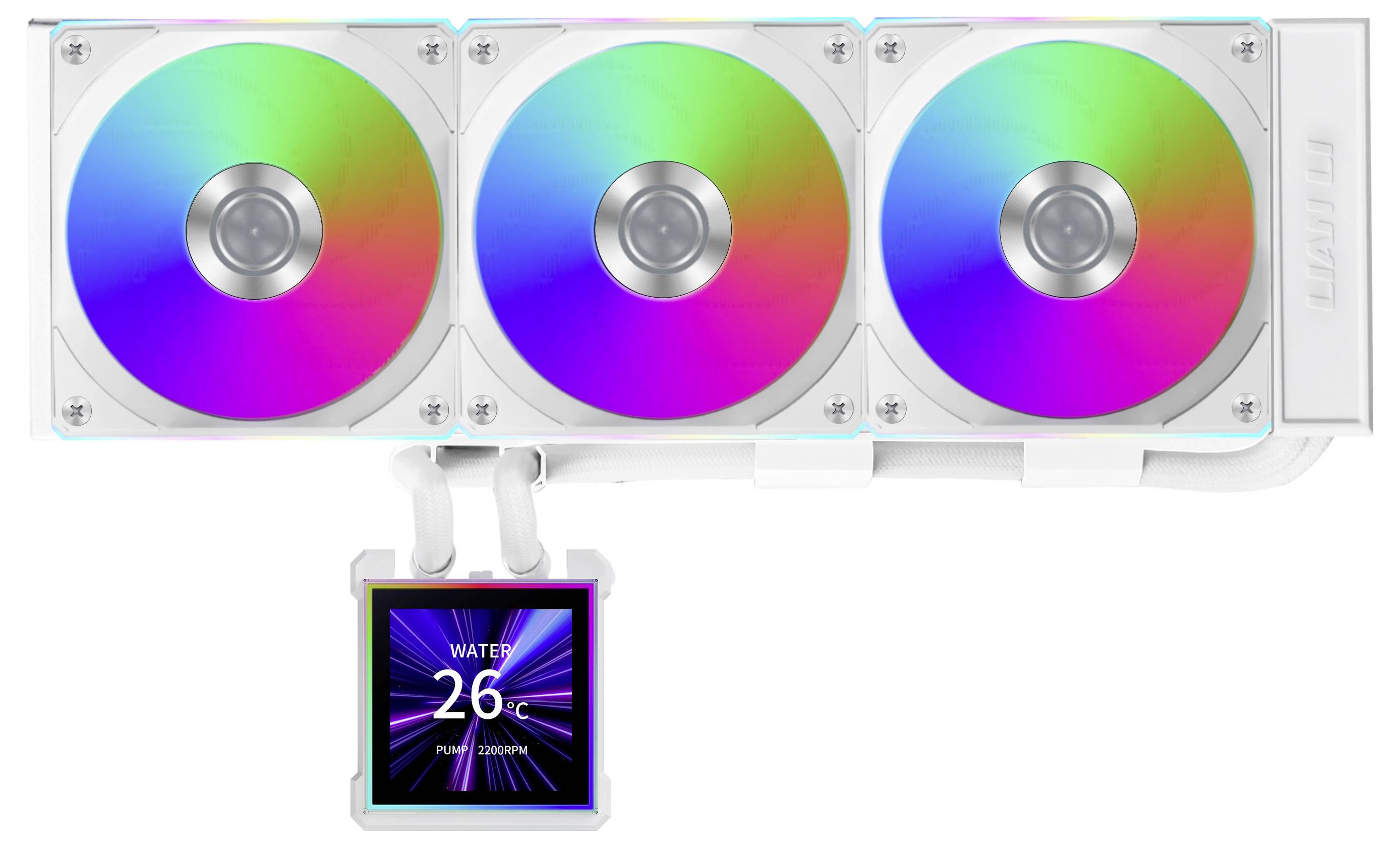 Ein weißes Computer-Kühlsystem mit drei RGB-Lüftern und einem Display, das „Water 26°C
