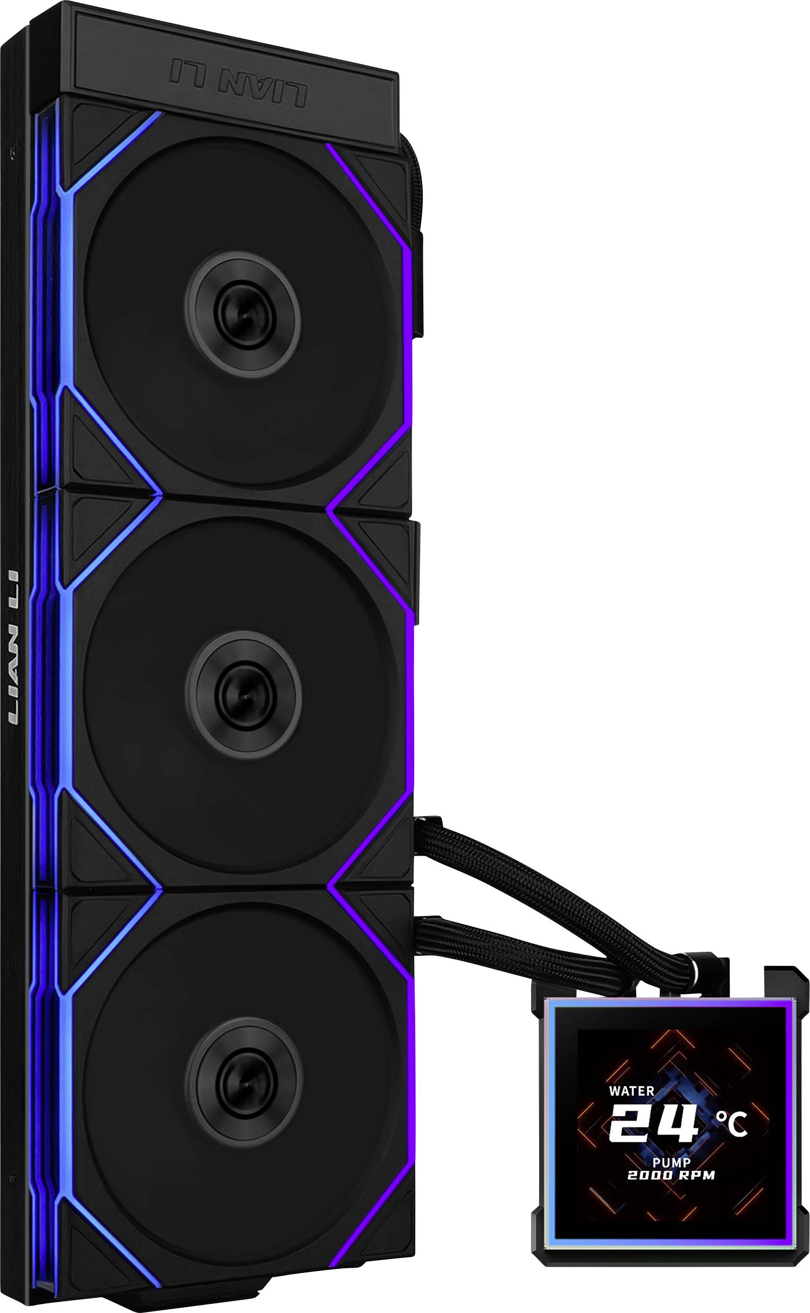 Eine schwarze Kühleinheit mit drei Lüftern und einem digitalen Display, das „Wasser 24°C, Pumpe 2800 U/min