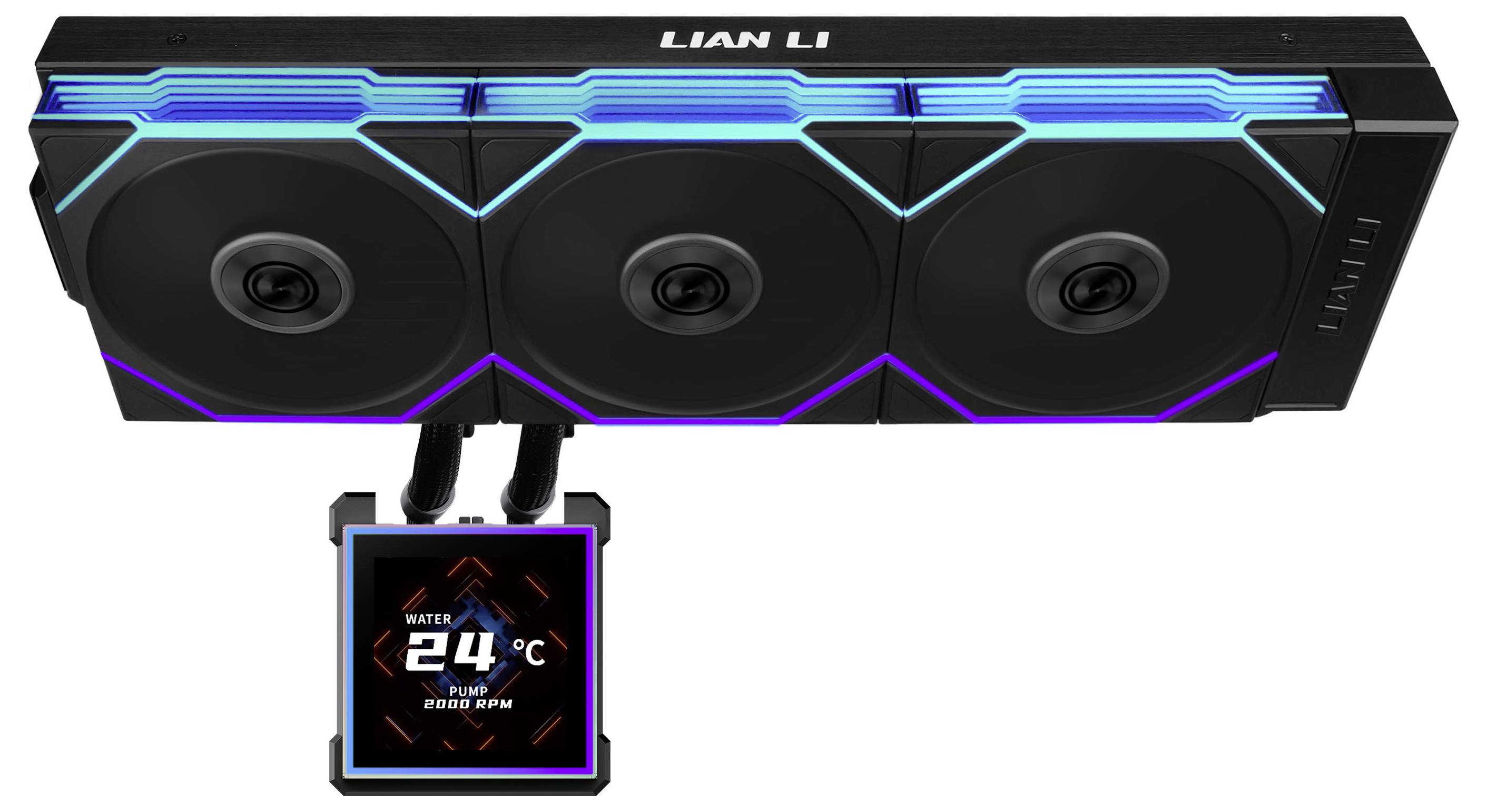 Drei weiße Computerlüfter horizontal in einem rechteckigen Rahmen angeordnet.