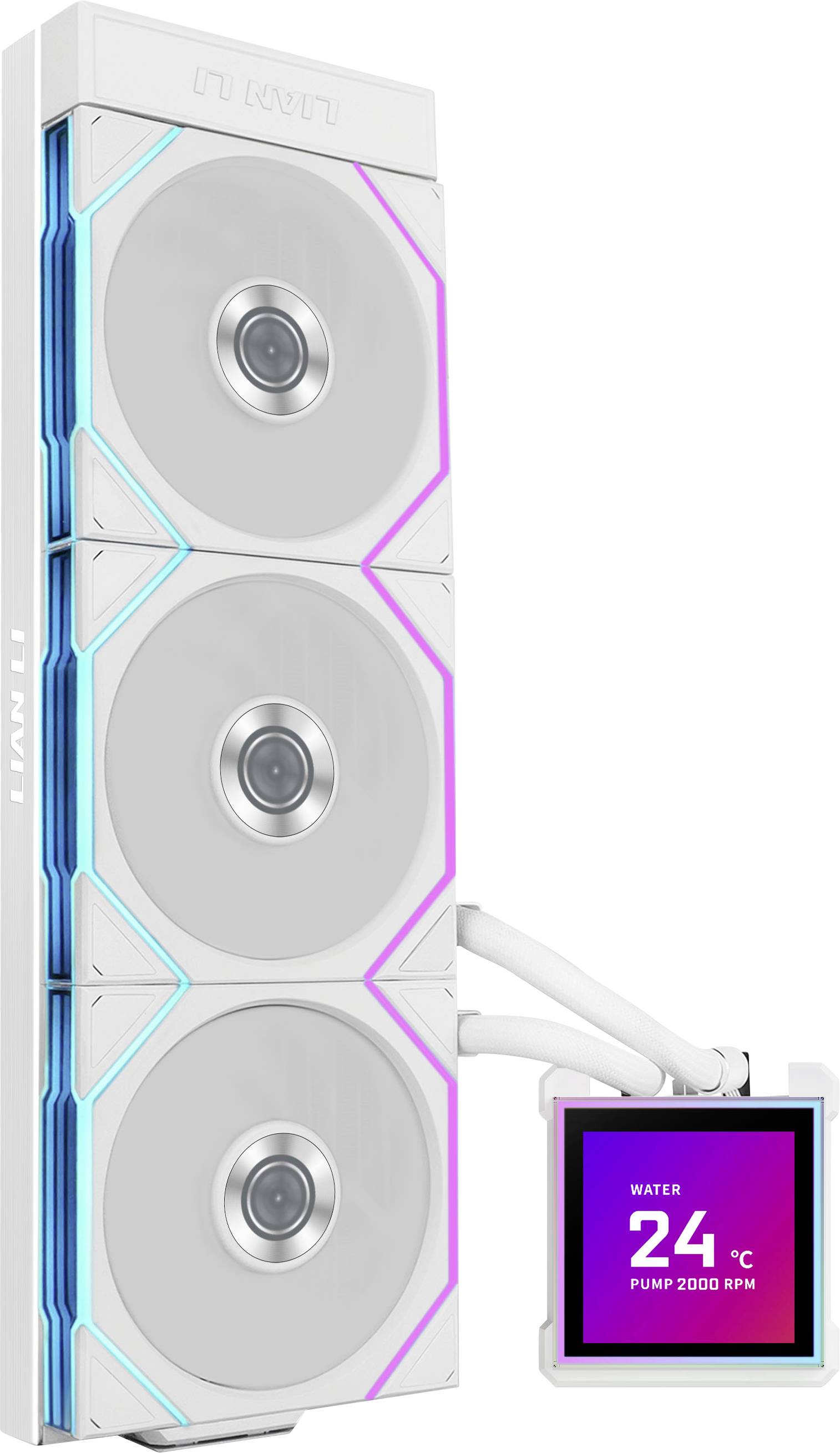 Flüssigkeitskühlsystem mit drei großen Lüftern und digitaler Anzeige, die 