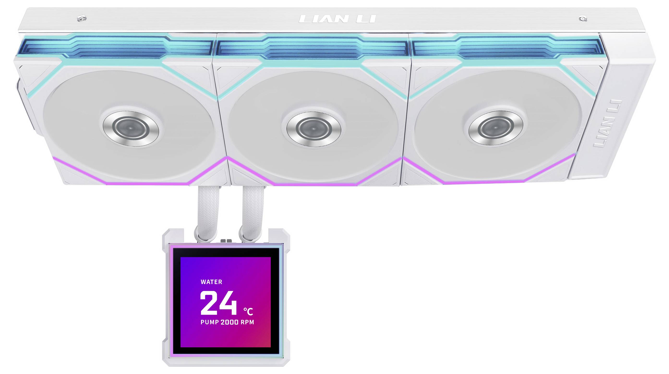 LIAN LI-Lüfter mit RGB-Beleuchtung und digitaler Anzeige, die die Wassertemperatur bei 24°C und die Pumpengeschwindigkeit bei 2000 U/min anzeigt.