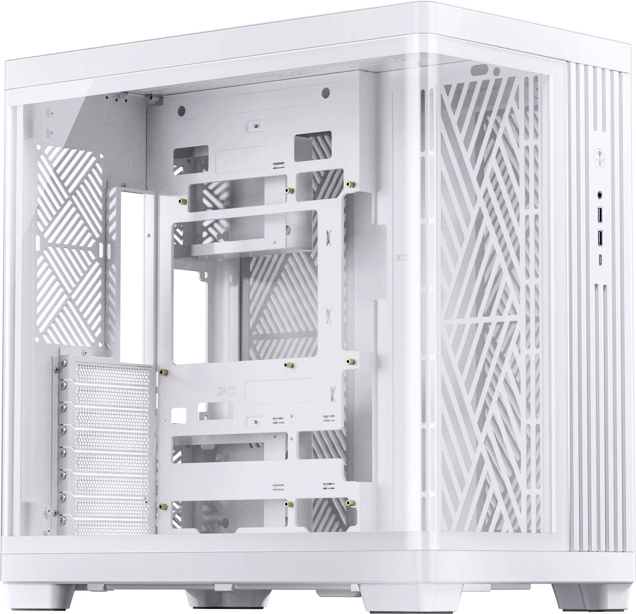 Ein weißes Computergehäuse mit geometrischem Lüftungsdesign, das das offene Innere mit mehreren Steckplätzen für Komponenten präsentiert.