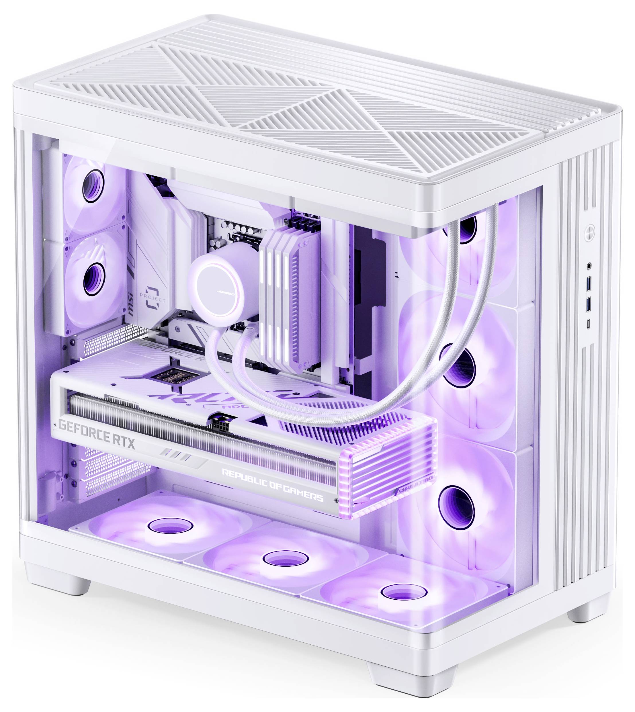 Ein weißes Computergehäuse mit transparenter Seitenwand offenbart interne Komponenten, einschließlich Kühlventilatoren, die ein sanftes violettes Licht ausstrahlen.