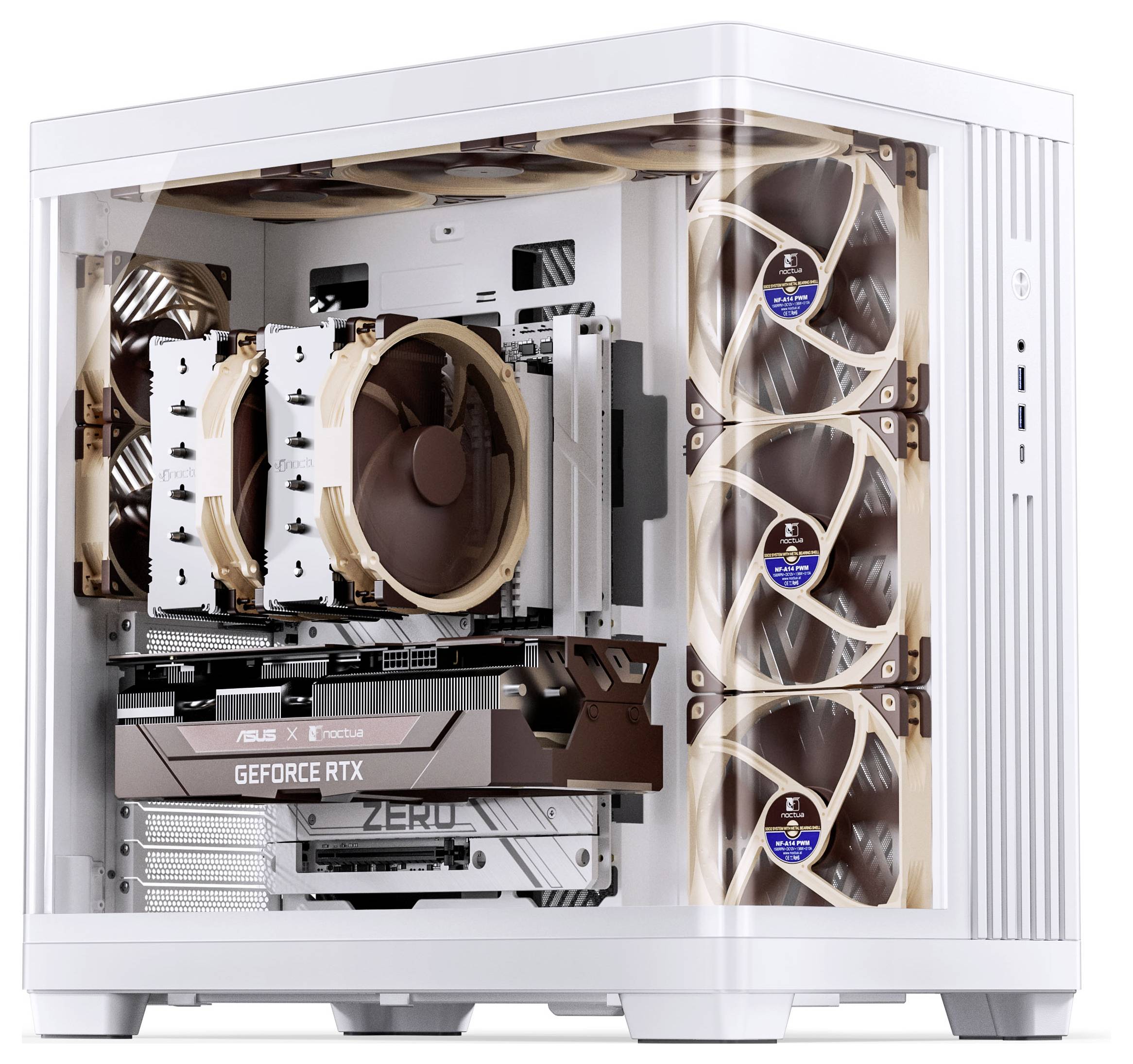 Ein weißes Gaming-PC-Gehäuse mit transparentem Seitenpanel, das sechs Kühlventilatoren, einen großen CPU-Kühler und eine RTX-Grafikkarte zeigt.