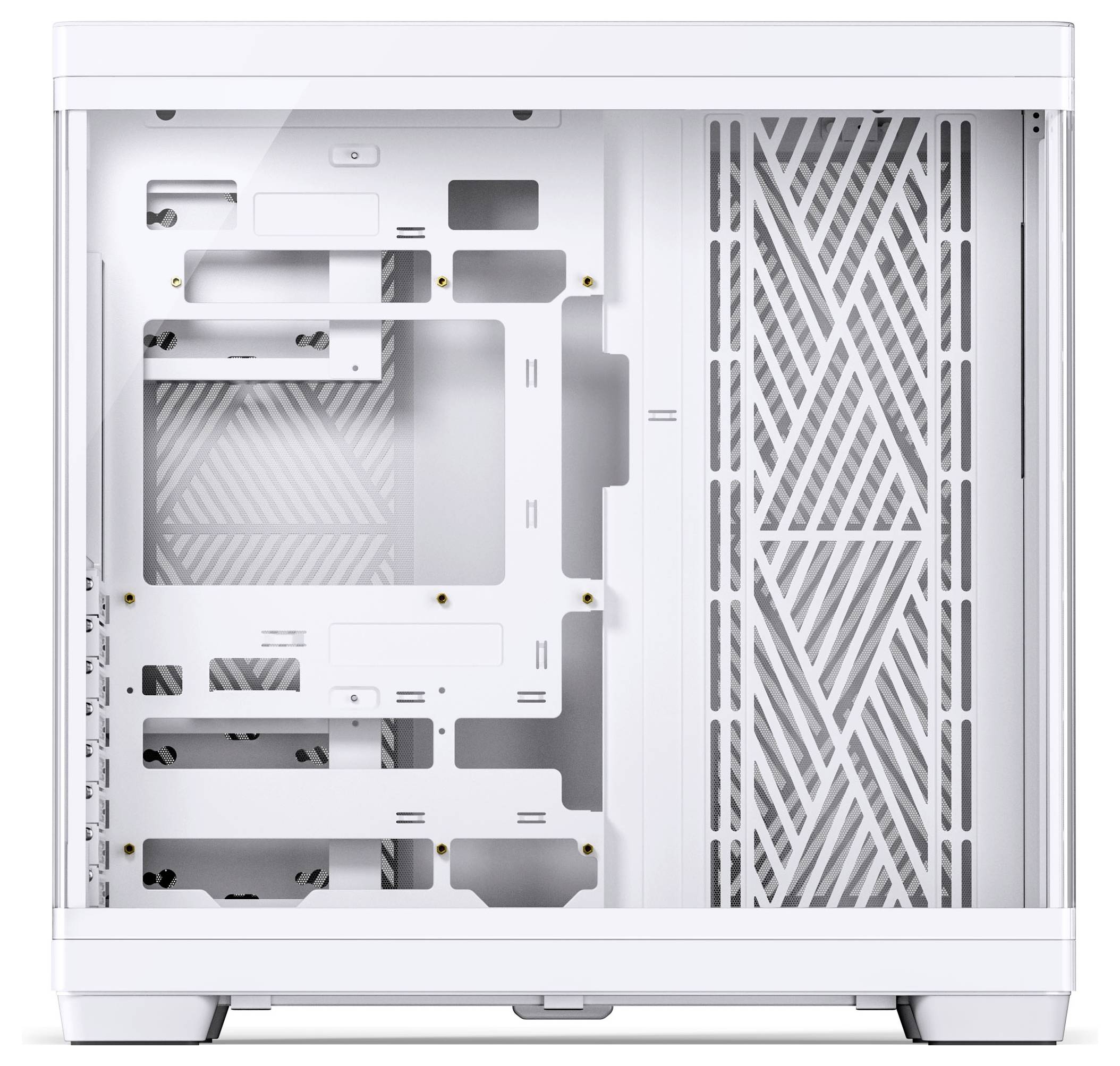 Ein weißes Computergehäuse mit einer Seitenansicht, die das innere Layout zeigt, einschließlich Platz für Motherboard, Lüfter und Kabelmanagement.