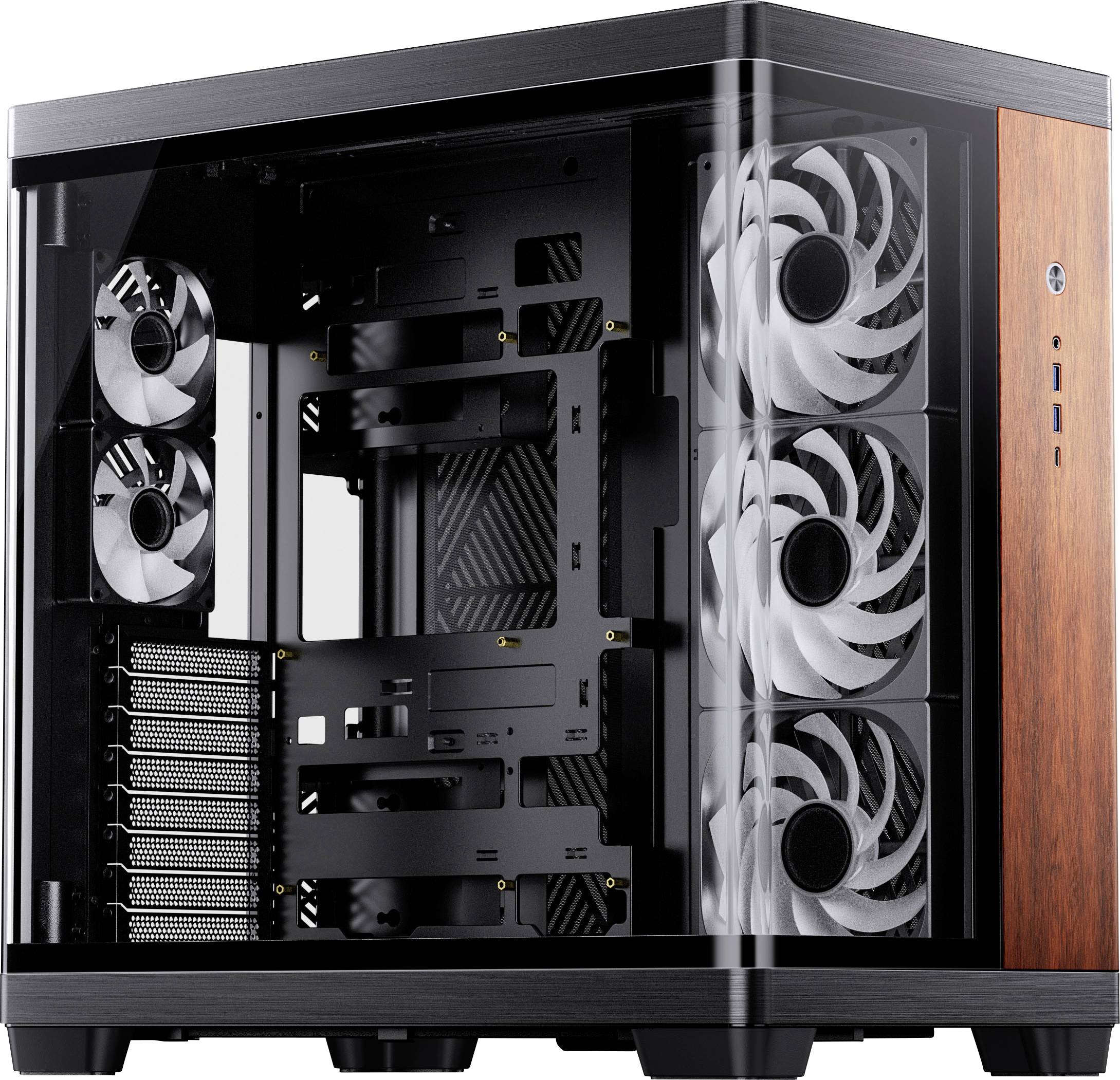 Ein schwarzes PC-Gehäuse mit einer Holzfront und transparenten Seitenwänden, die interne Kühlventilatoren und Erweiterungssteckplätze zeigen, entworfen für Custom-Builds.