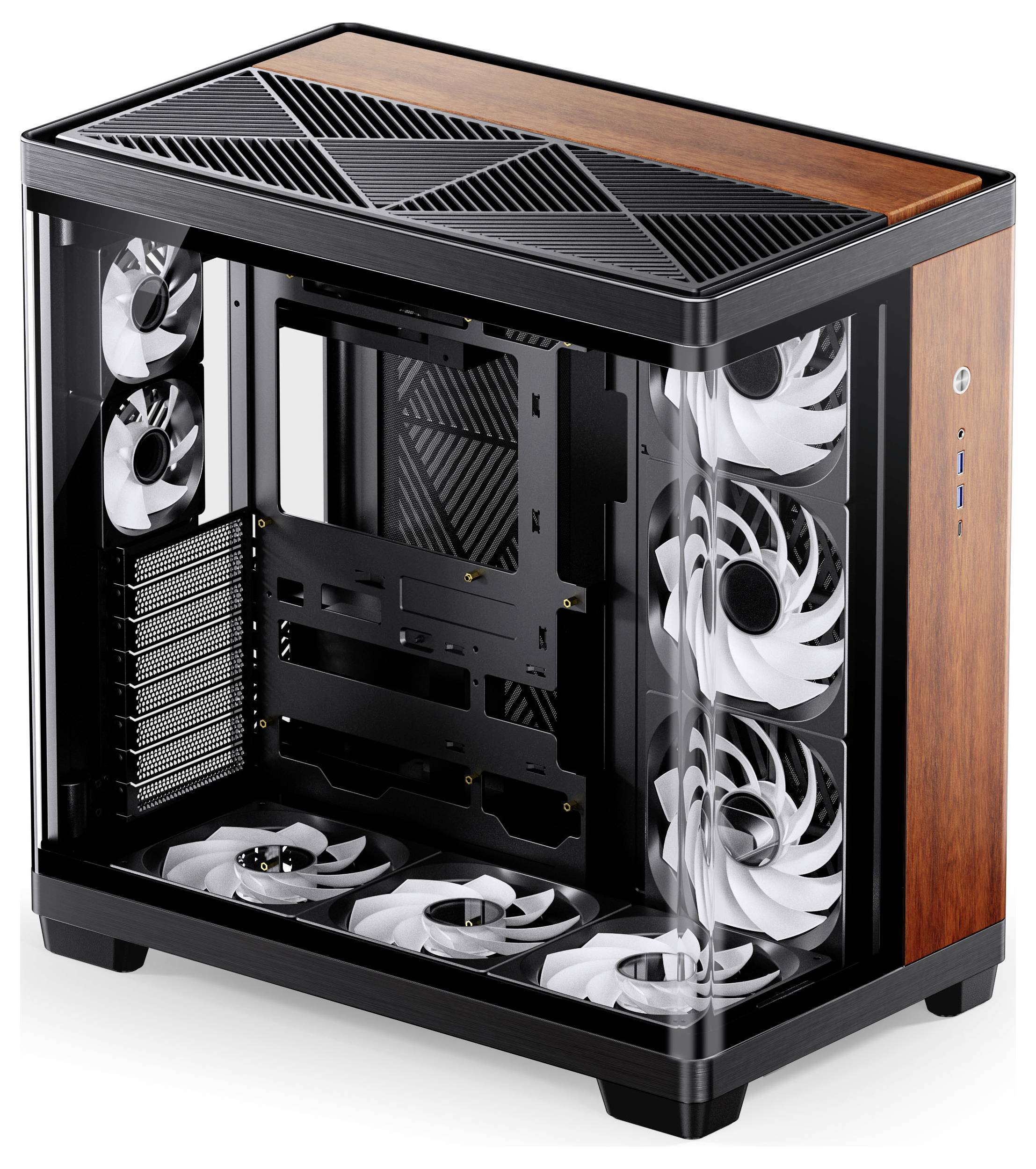 Ein elegantes Computergehäuse mit schwarzem und Holzmuster-Design mit transparenten Seitenpaneelen, das mehrere Kühlventilatoren im Inneren zeigt.