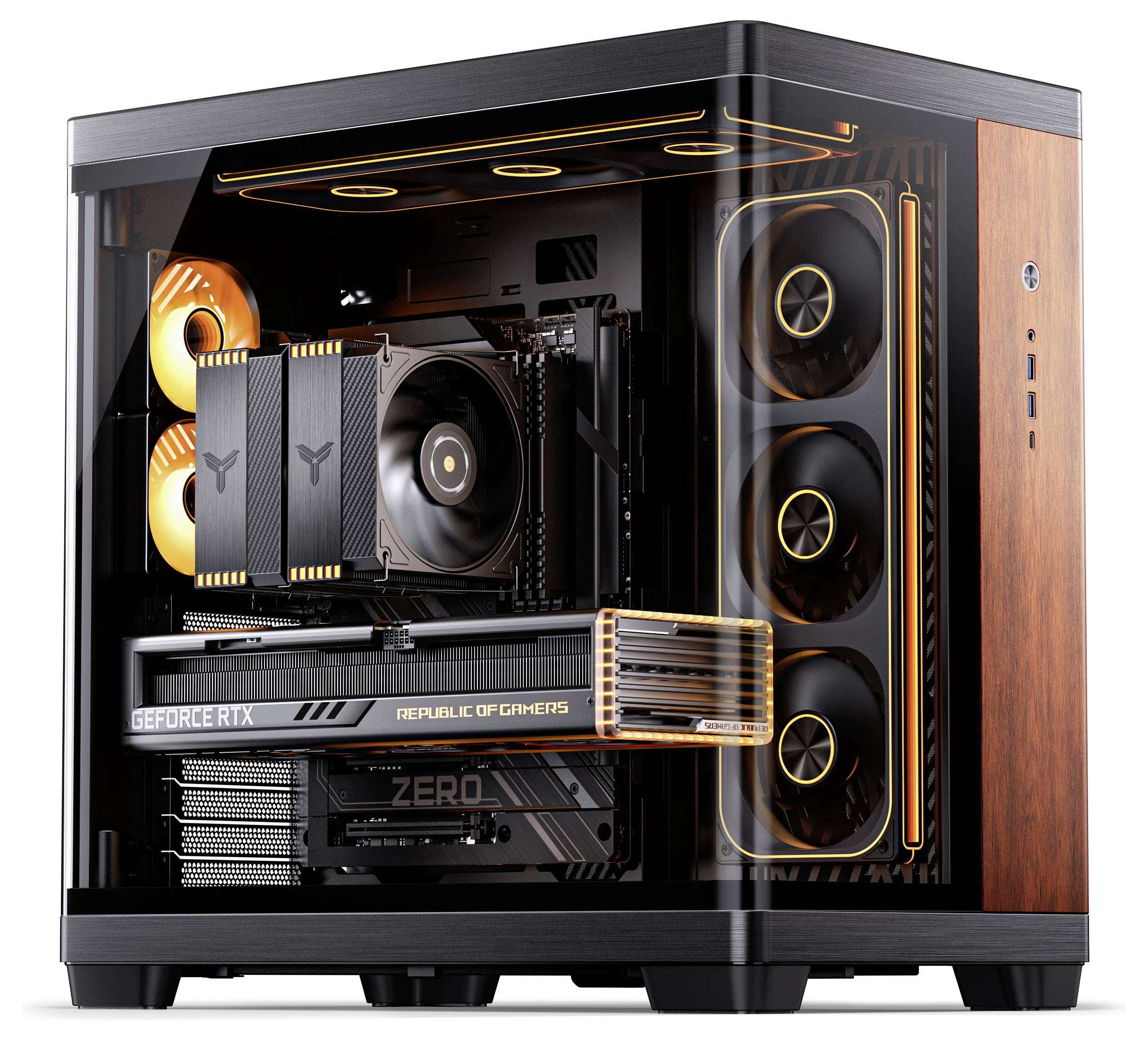 Ein High-End-Gaming-Computer mit durchsichtigem Gehäuse, das orange beleuchtete Lüfter, eine 'GeForce RTX' Grafikkarte und 'Republic of Gamers' Branding zeigt.