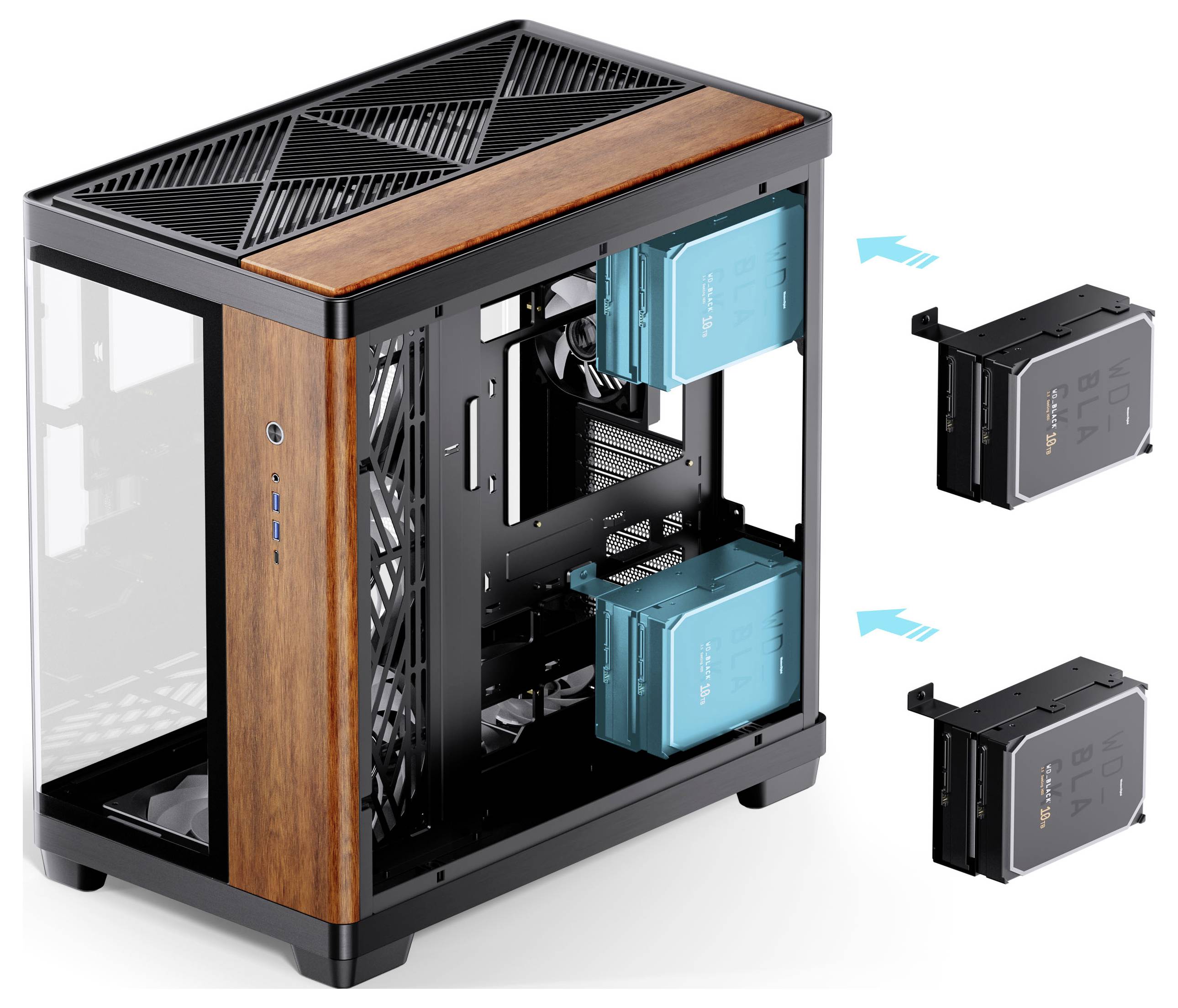 Computergehäuse mit Holzpaneelen, einer transparenten Seitenwand und zwei abnehmbaren Festplattenschächten, die mit Pfeilen gekennzeichnet sind und jeweils eine blaue Festplatte enthalten.