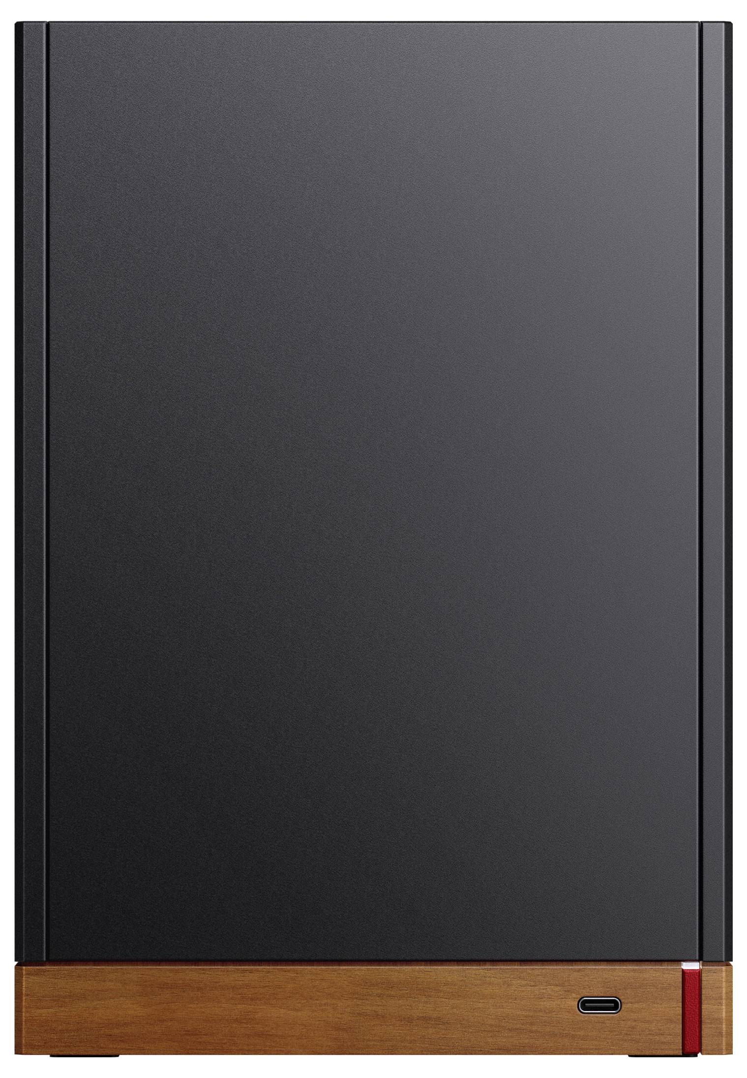 Ein elegantes, modernes externes Festplattenlaufwerk mit einem minimalistischen schwarzen Design, einer Holzoberfläche und einem roten Akzent in der unteren rechten Ecke.