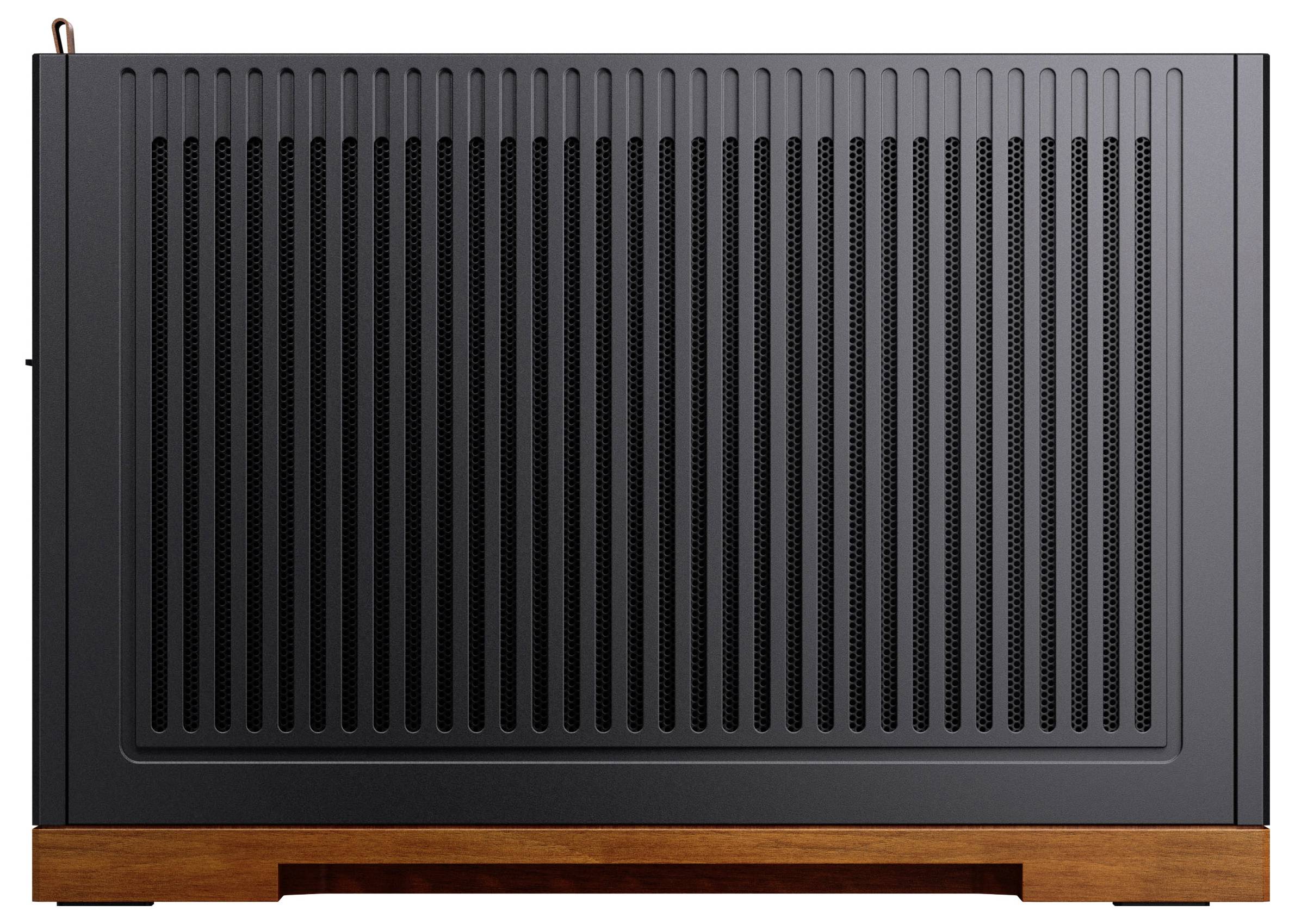 Ein schwarzes Computergehäuse mit vertikalen Lüftungsschlitzen auf einer Holzunterlage, von der Seite betrachtet, das eine Mischung aus modernem und klassischem Design andeutet.