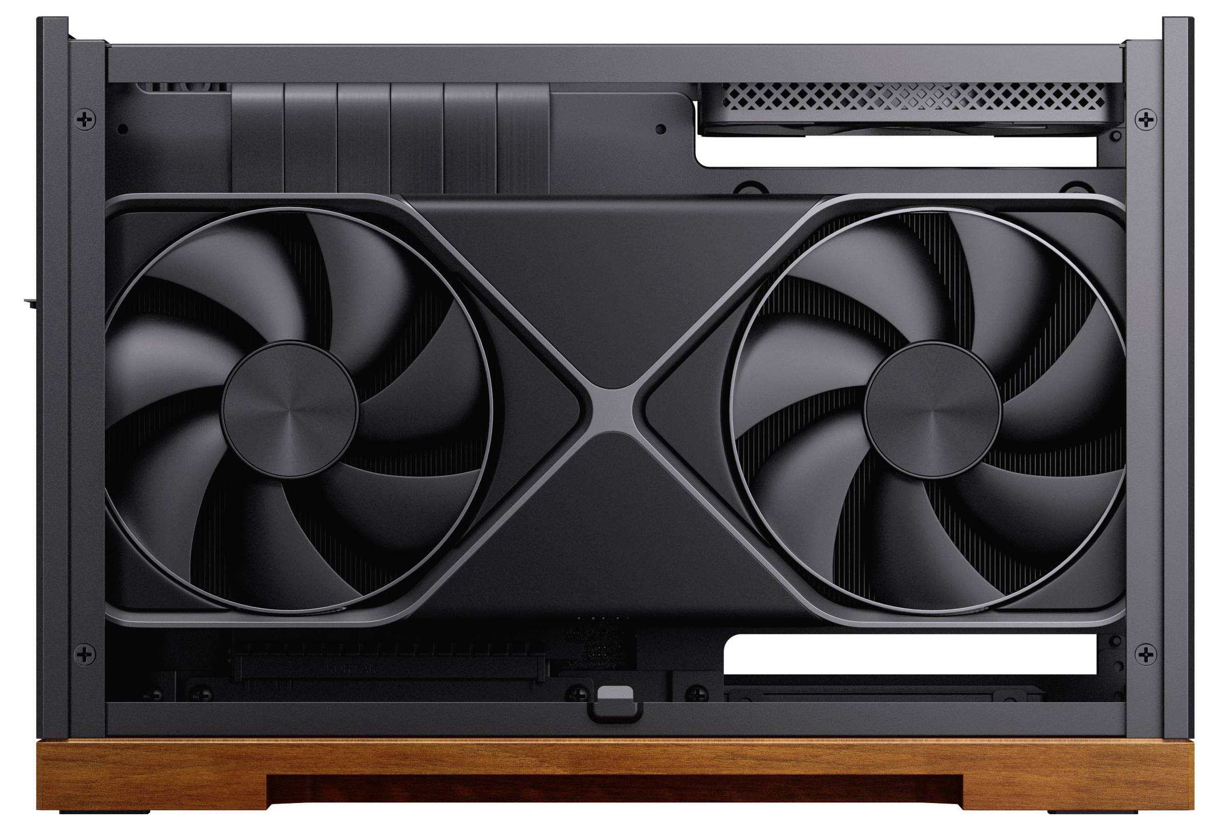 Ein kompaktes Computergehäuse mit einer großen Grafikkarte mit zwei Kühlventilatoren, mit einem eleganten schwarzen Design und einer Holzsockelakzentuierung.