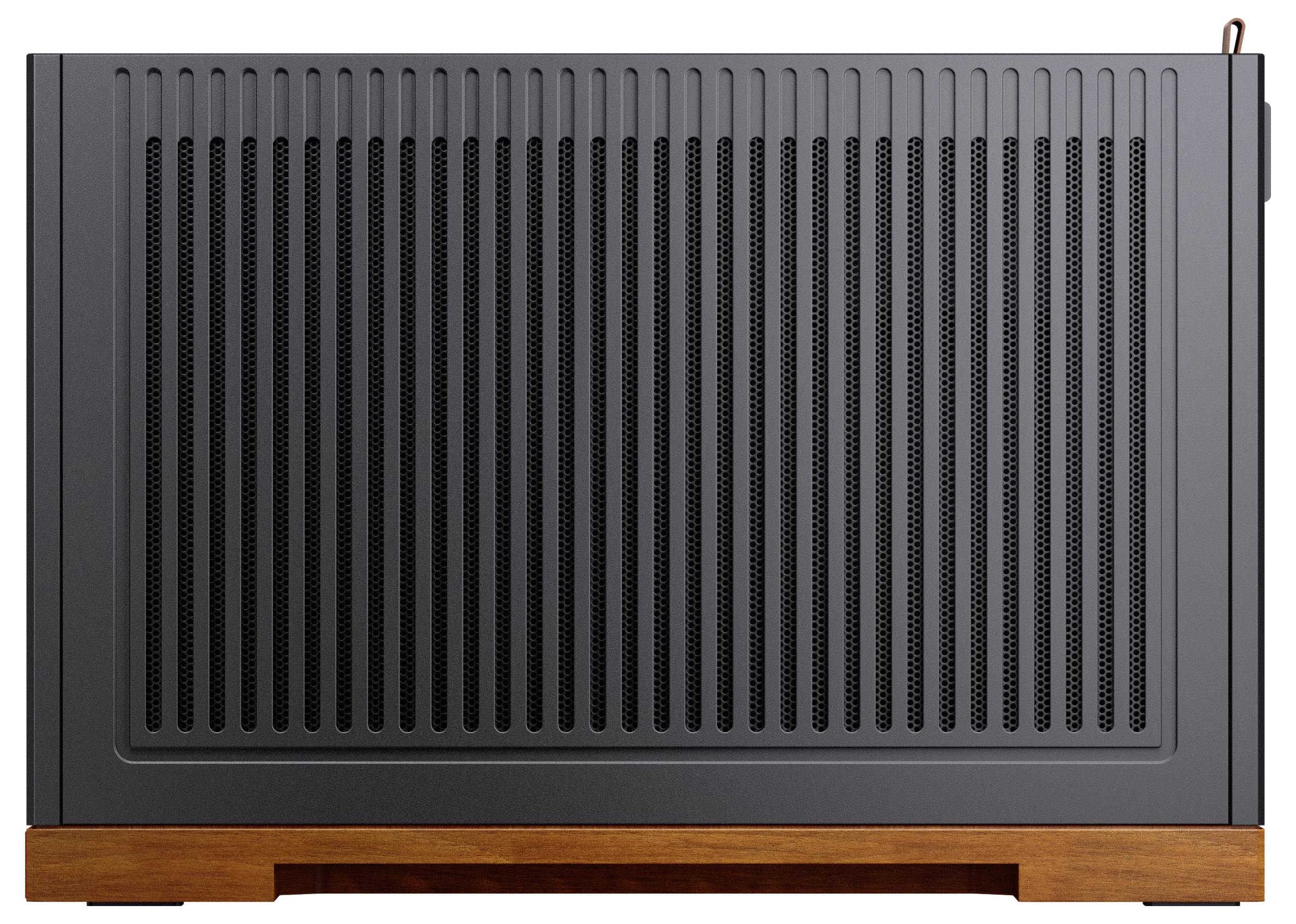 Elegantes schwarzes Computergehäuse mit vertikalen Lüftungsöffnungen auf jeder Seite und hölzerner Basis.