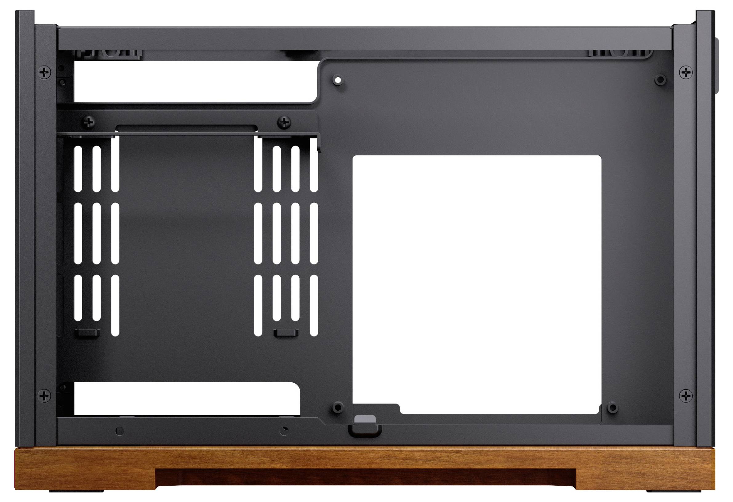 Ein Computergehäuse mit transparenter Seitenwand, das interne Komponenten zeigt, darunter Kühlungsventilatoren, Grafikkarten und LED-Beleuchtung.