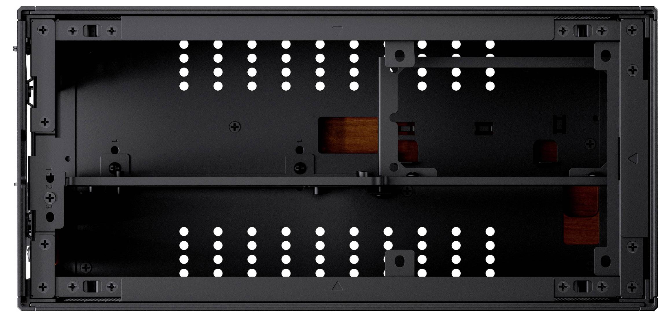 Ein schwarzes rechteckiges Gerät mit mehreren weißen Punkt-Perforationen, zwei zentralen Holzblöcken und internen Stützstrukturen, die innen sichtbar sind.
