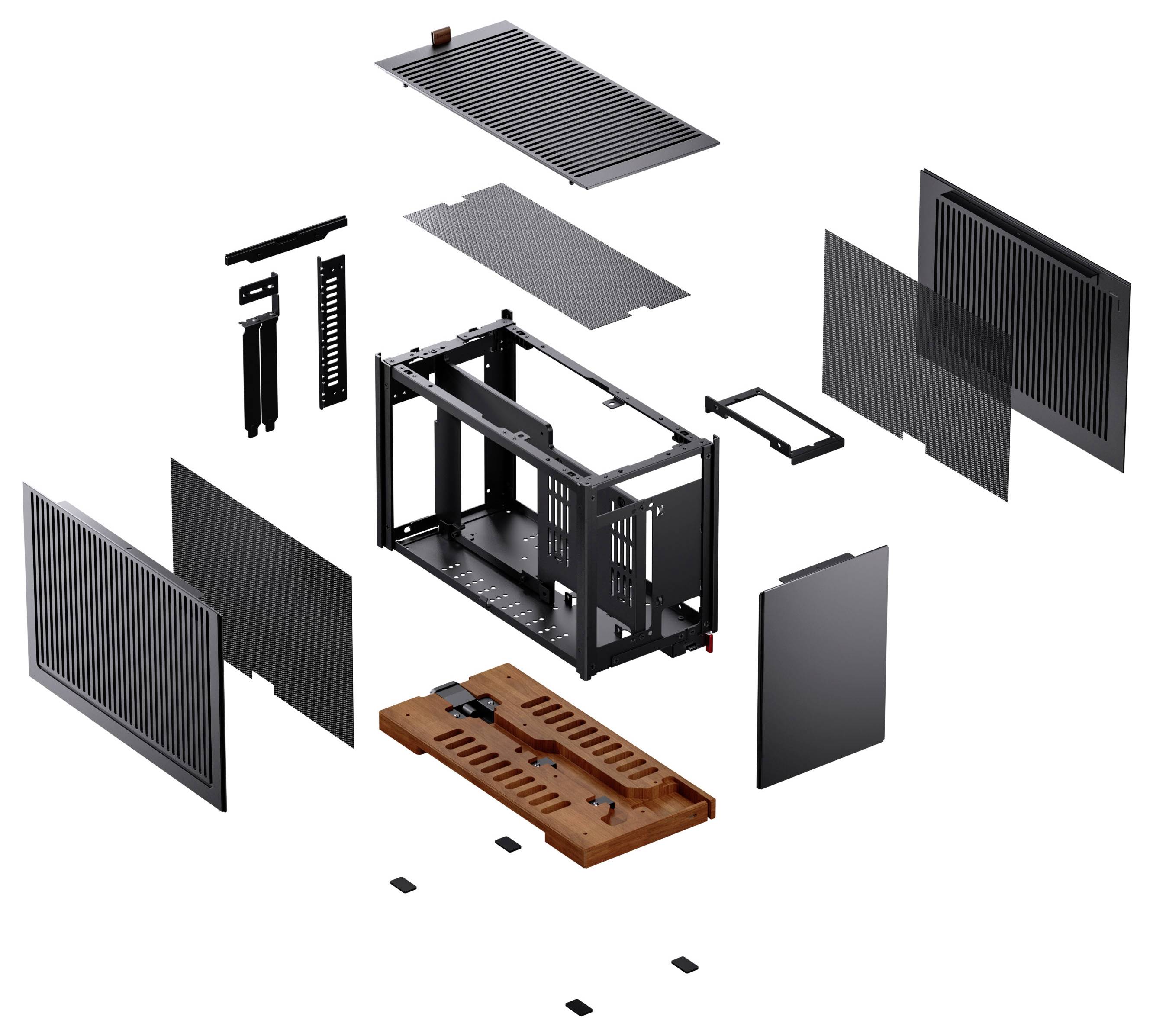 Explodierte Darstellung eines Computergehäuses mit Rahmen, Seitenteilen und Komponenten, die separat angeordnet sind, um die Montage zu veranschaulichen.