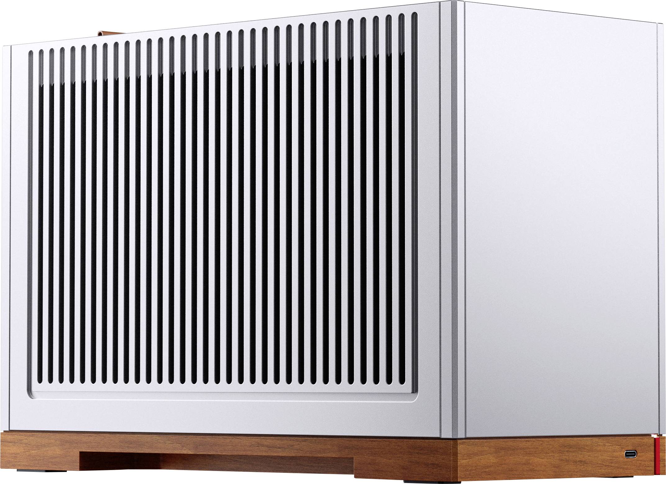 Ein hellgraues, rechteckiges elektronisches Gerät mit vertikalen Lüftungsschlitzen, das auf einer Holzbasis montiert ist.