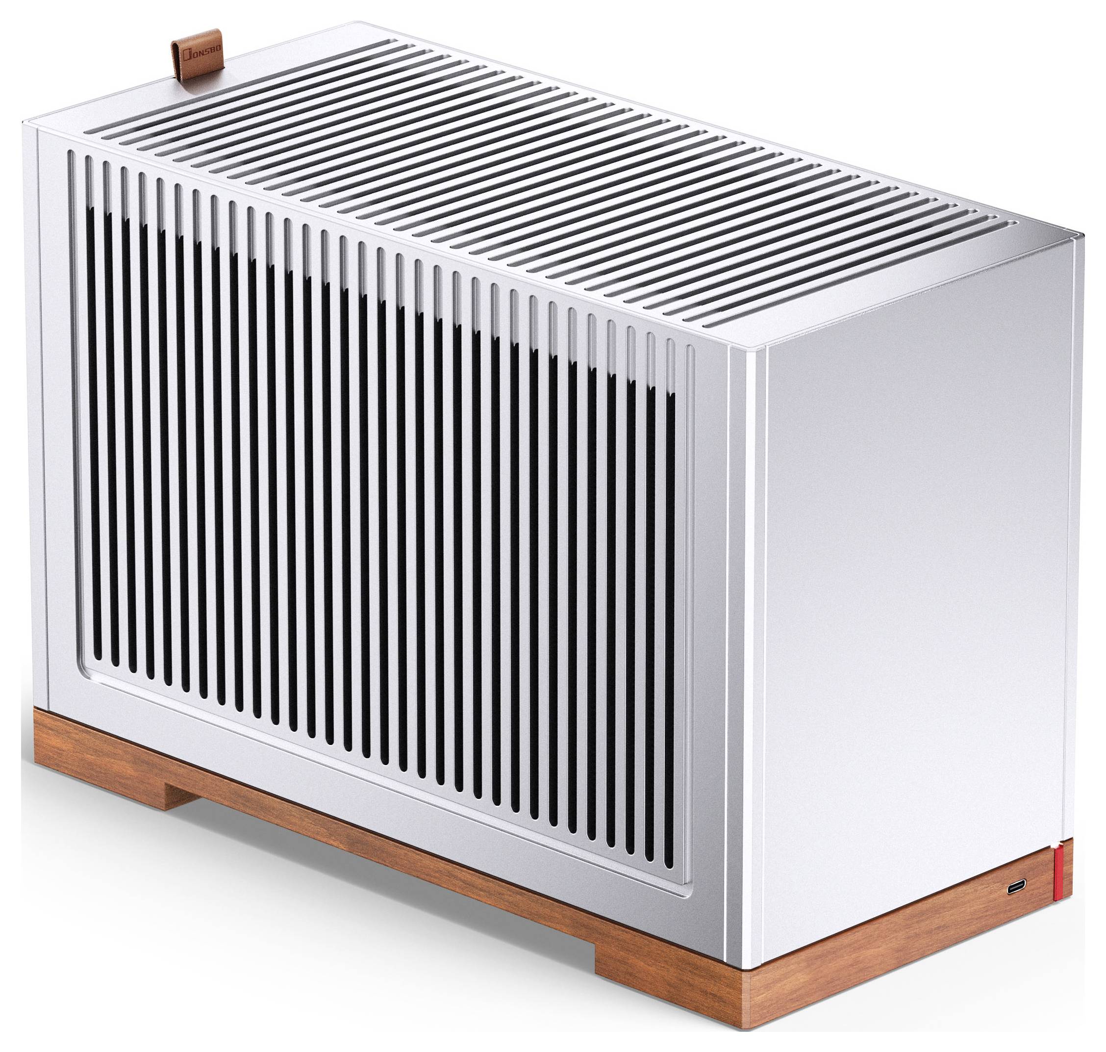 Weiches Computergehäuse mit geometrischem Muster, das das offene Innere für die Komponenteninstallation und belüftete Paneele für die Luftzirkulation zeigt.