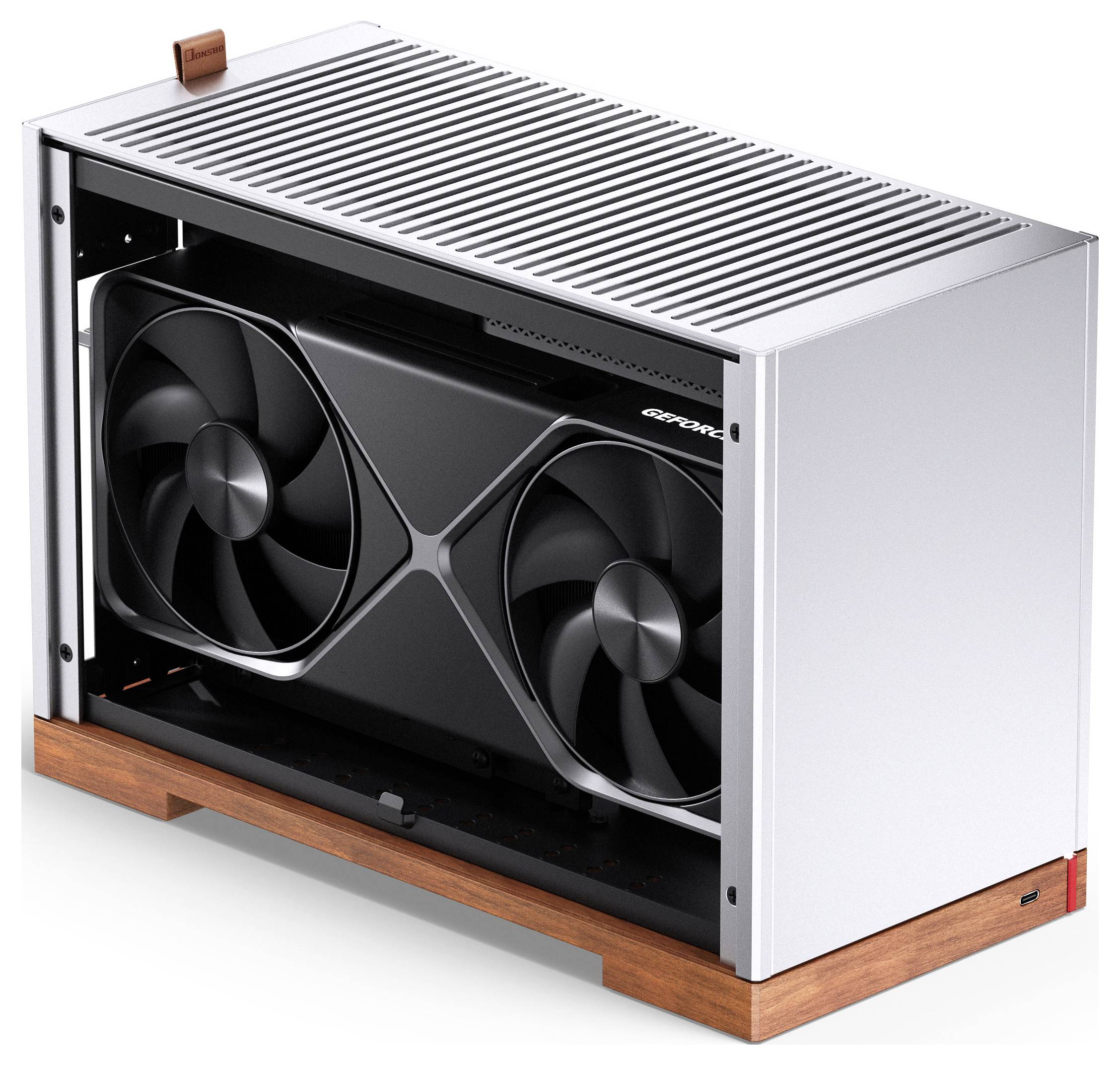 Ein kompaktes, silbernes Gehäuse für Desktopcomputer mit Holzsockel und eine Innenansicht mit einer großen Grafikkarte mit Doppellüfter.