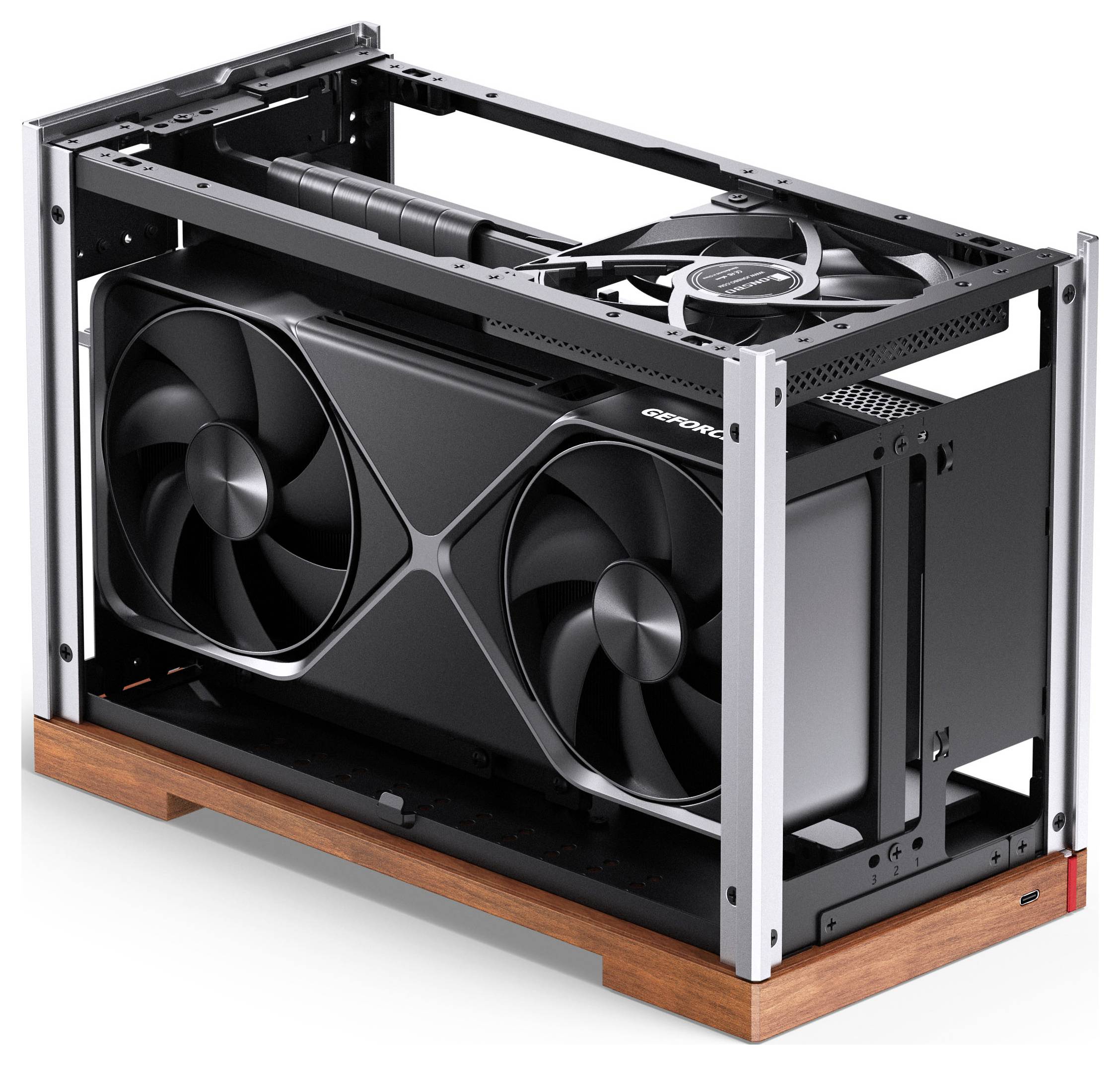 Ein Hochleistungs-Gaming-Computer mit RGB-Beleuchtung in einem transparenten Gehäuse, das eine Grafikkarte, Kühlsysteme und eine digitale Anzeige zeigt.