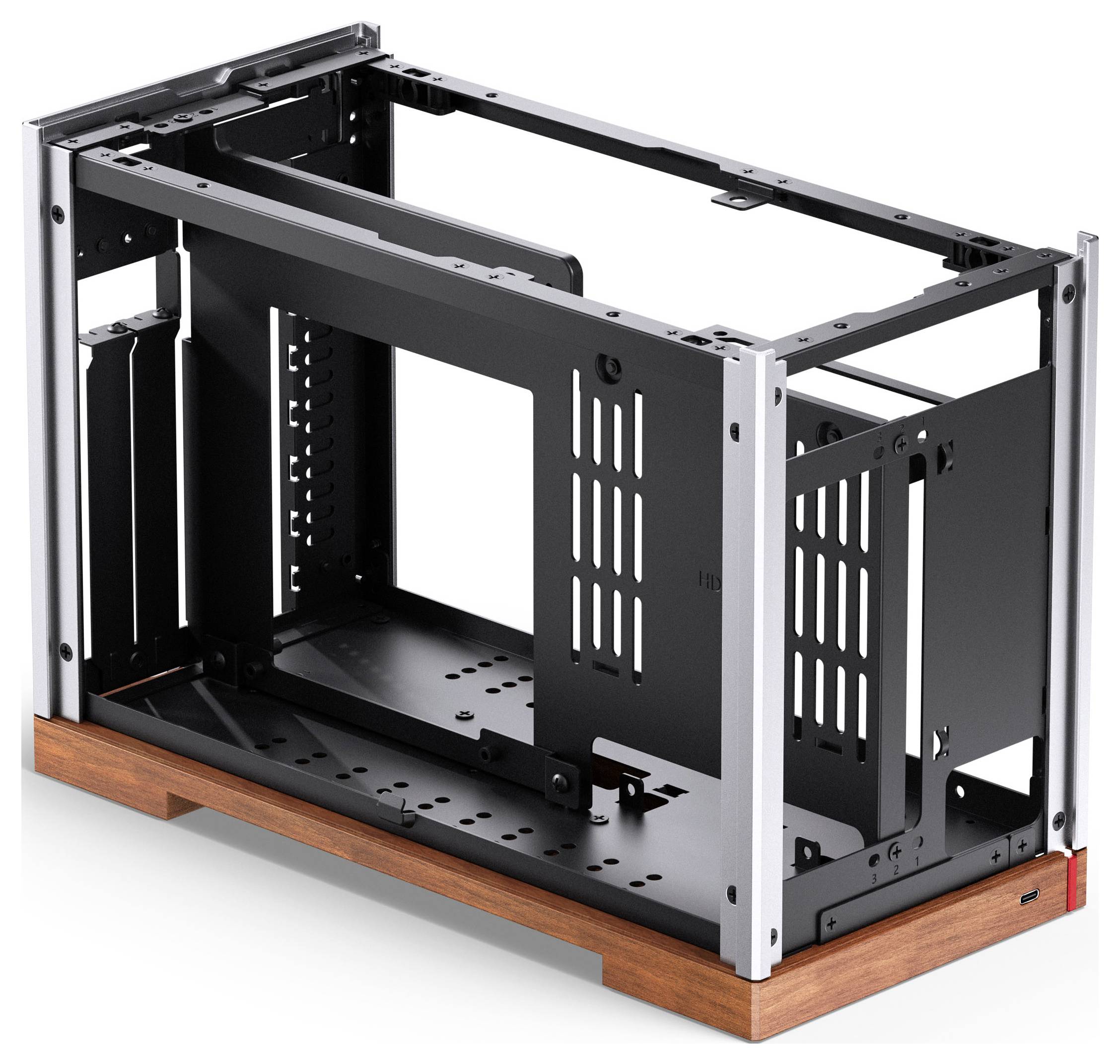 Ein schwarzes und silbernes Computergehäuse mit einer Holzunterlage, mit offenen Seiten und Oberseite, geeignet zum Zusammenbau eines Desktop-PCs.