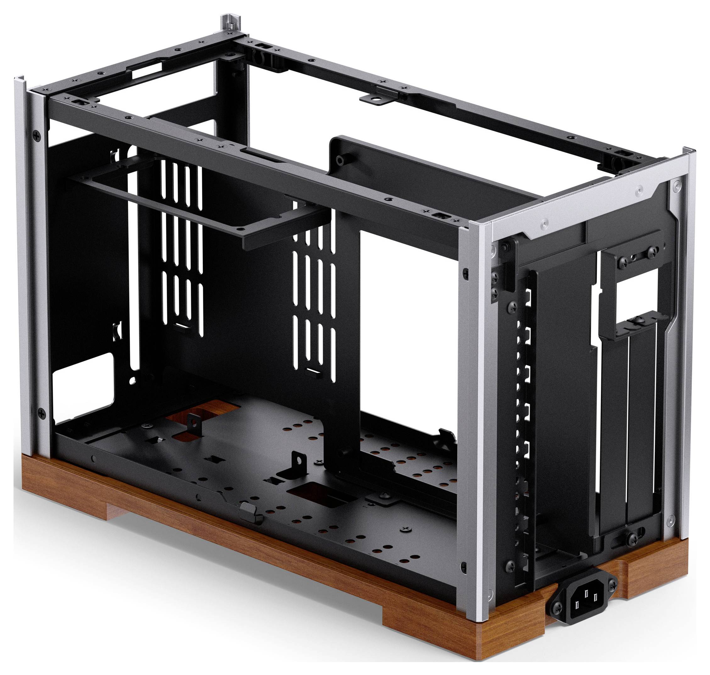 Ein Computergehäuse mit Metallrahmen und Holzsockel, das die offene Innenstruktur ohne installierte Komponenten zeigt.