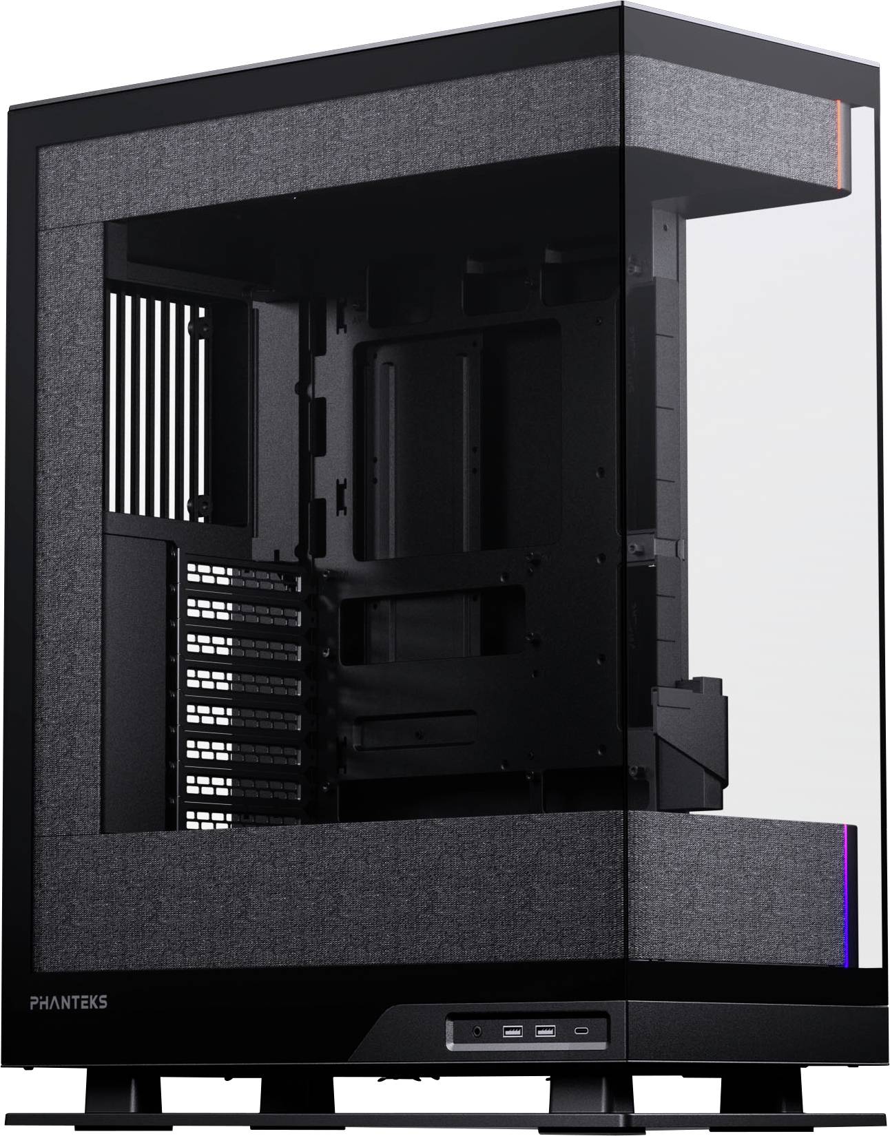 Ein schwarzes und graues Computer-Gehäuse mit transparentem Seitenpanel und minimalistischem Design, geeignet für individuelle PC-Zusammenstellungen.