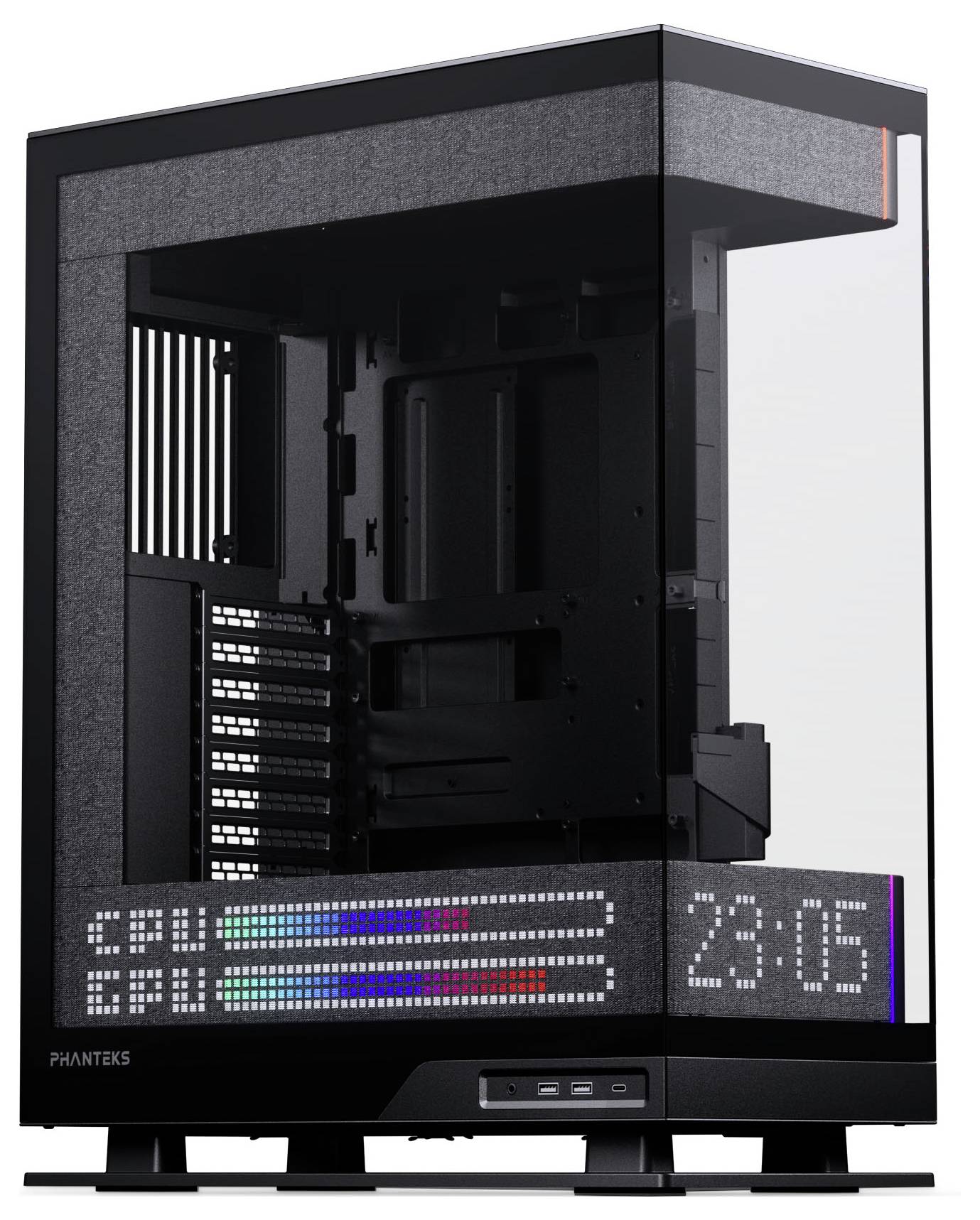 Transparentes Computergehäuse mit digitaler Zeitanzeige '23:05' und Tag 'SEP'. Schwarzes Äußeres mit sichtbaren inneren Fächern und Anschlüssen.