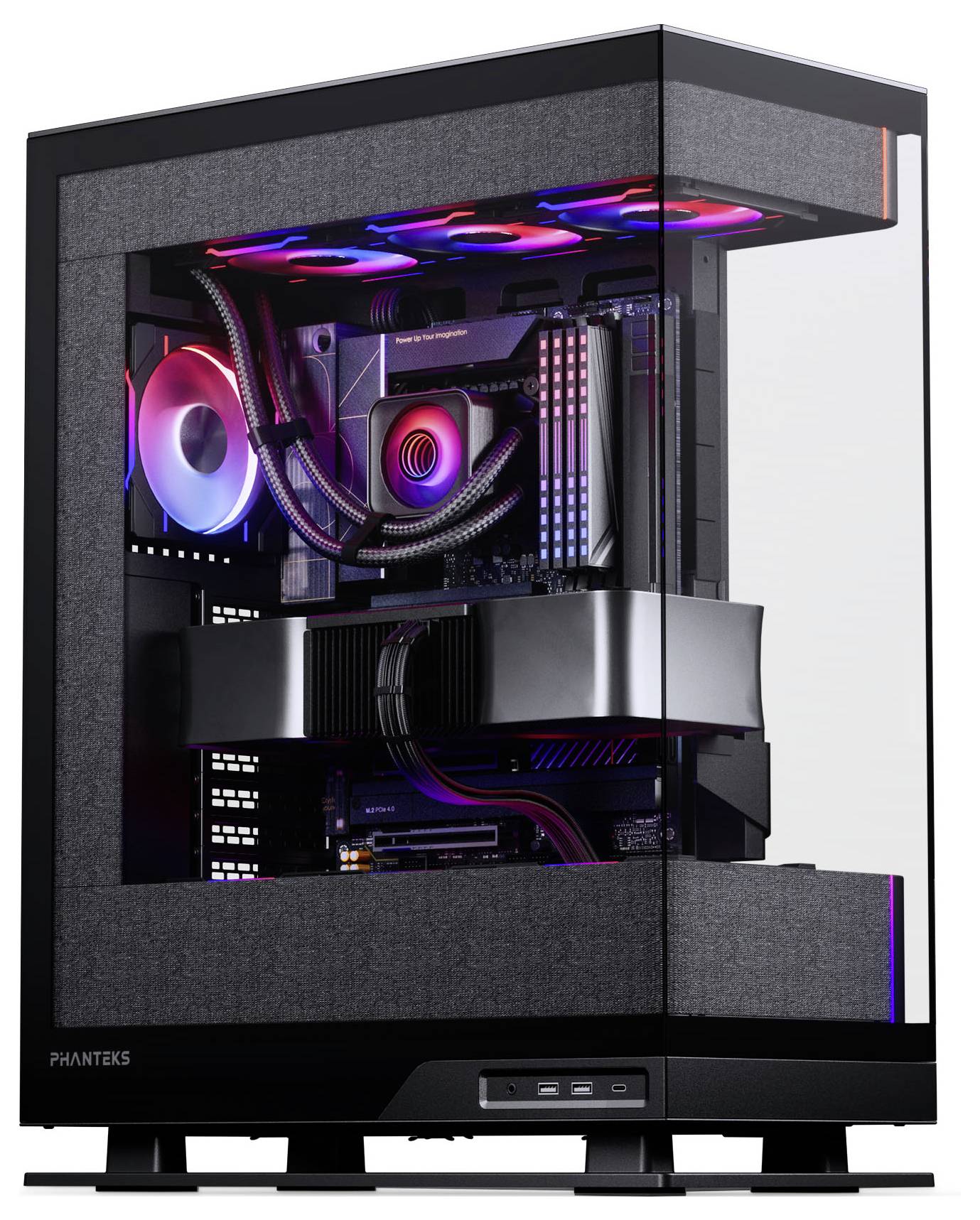 Ein transparentes Computergehäuse, das High-End-Komponenten präsentiert, einschließlich RGB-Beleuchtung, Kühlventilatoren und eine prominente Grafikkarte.