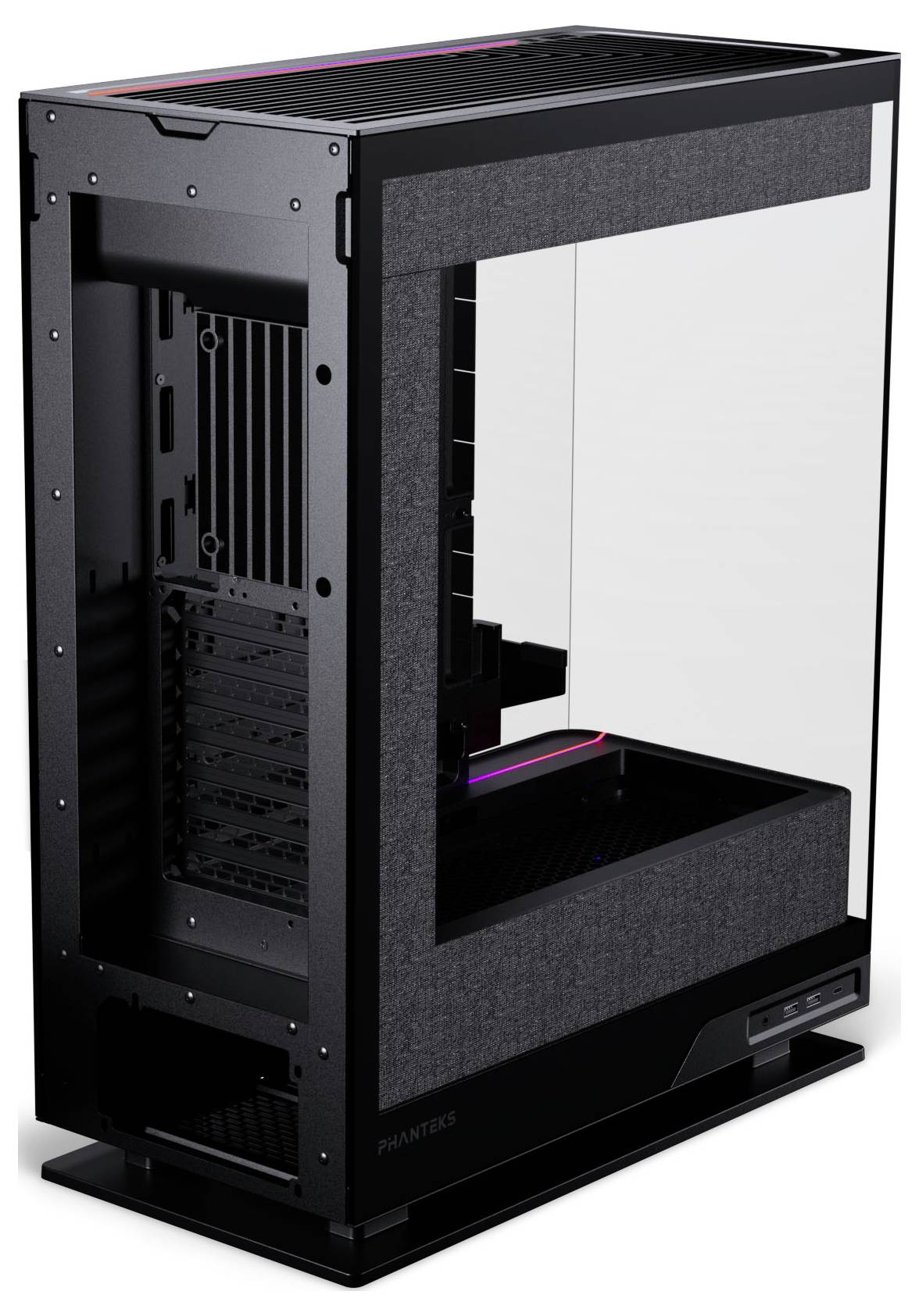 Ein schlanker schwarzer und transparenter Computerturm mit großzügigem Innenraum, der für leistungsstarke Hardwarekomponenten konzipiert ist.