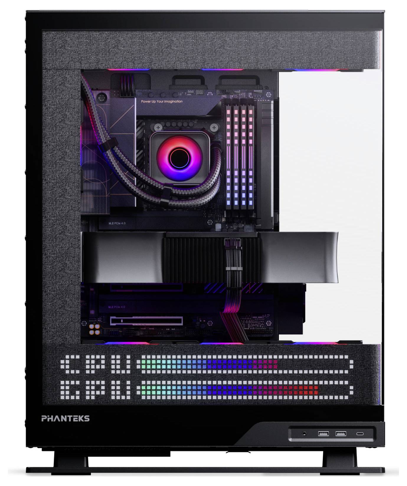 Ein High-End-Gaming-PC mit RGB-Beleuchtung, Flüssigkeitskühlsystem, sichtbarer GPU und mehreren Lüftern, präsentiert durch ein transparentes Seitenpanel.