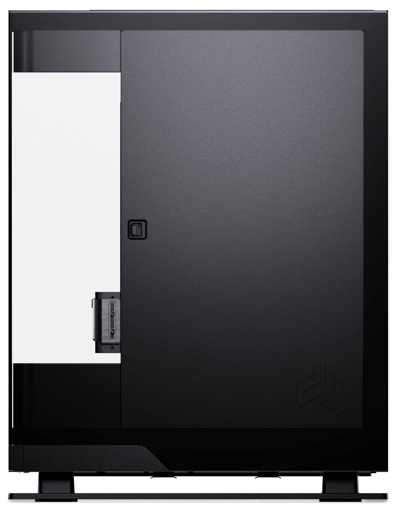 Ein elegantes schwarzes Computergehäuse mit einer gehärteten Glasseitenwand, das ein minimalistisches Design präsentiert und ein subtiles Logo auf der unteren rechten Vorderseite aufweist.