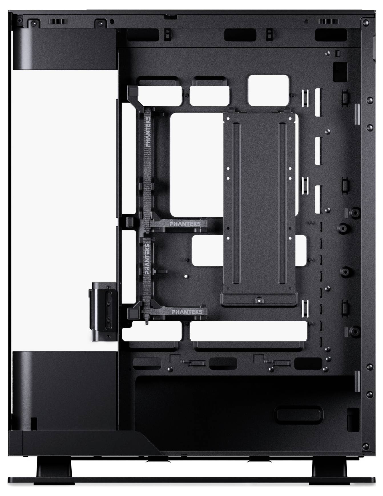 Computer-Gehäuse-Chassis mit offenem Rahmen, das Montageklammern und Stützstangen für Komponenten wie Motherboard und Netzteil zeigt.