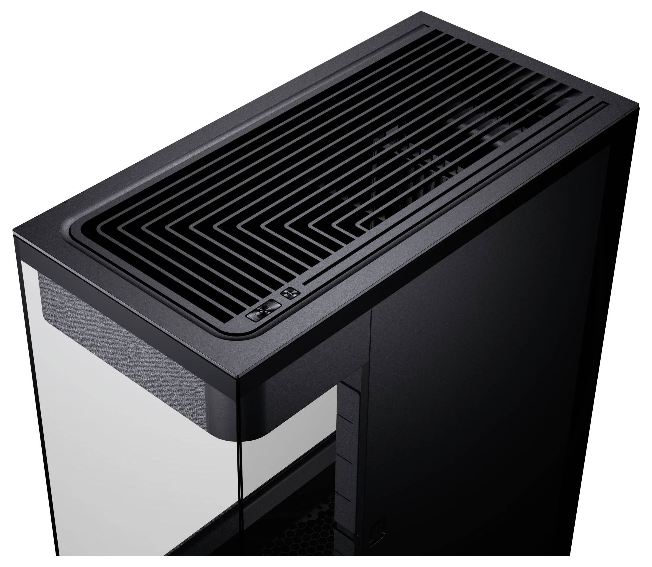 Ein schlanker, schwarzer Computerturm mit einer Glasseitenwand und einem belüfteten Oberflächendesign, das modernes Styling und Kühlungseffizienz betont.