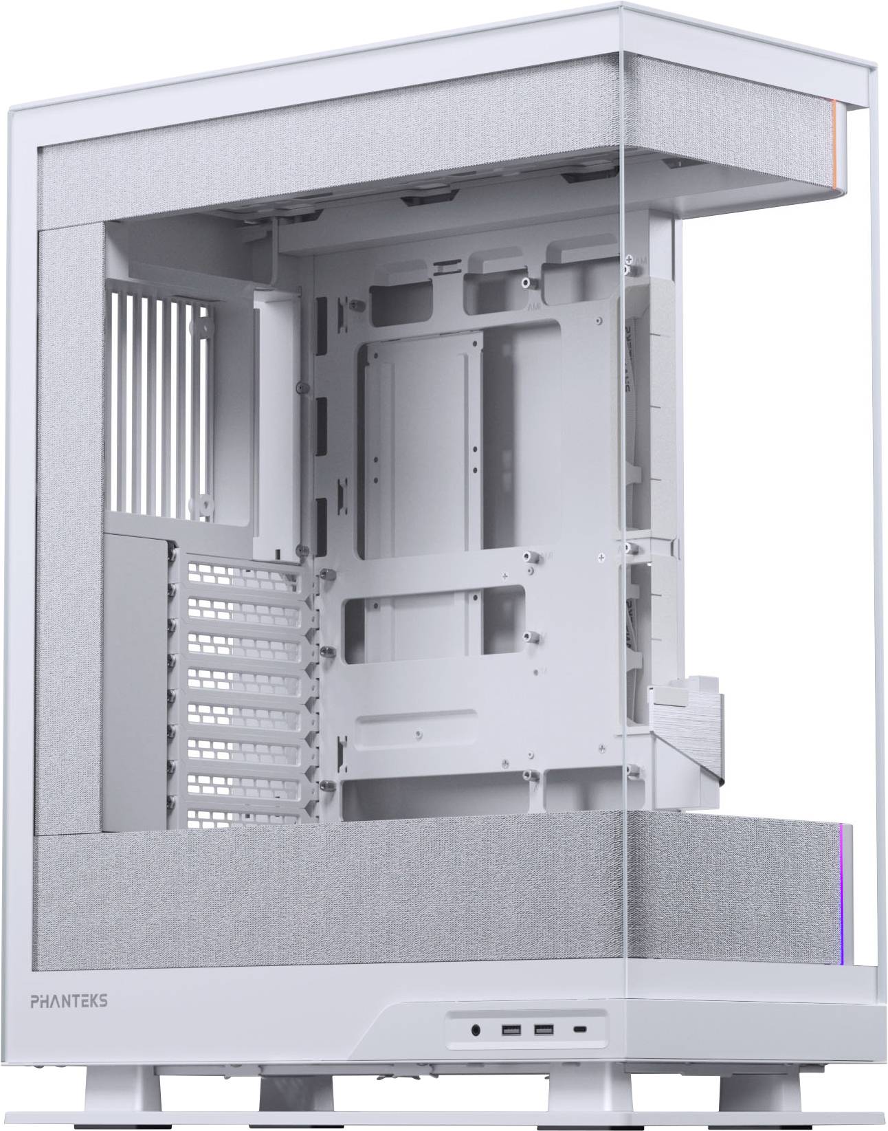 Ein weißes, offenes Computergehäuse von Phanteks, das leere Komponentenschächte und mehrere Lüfterpositionen für eine anpassbare Montage zeigt.