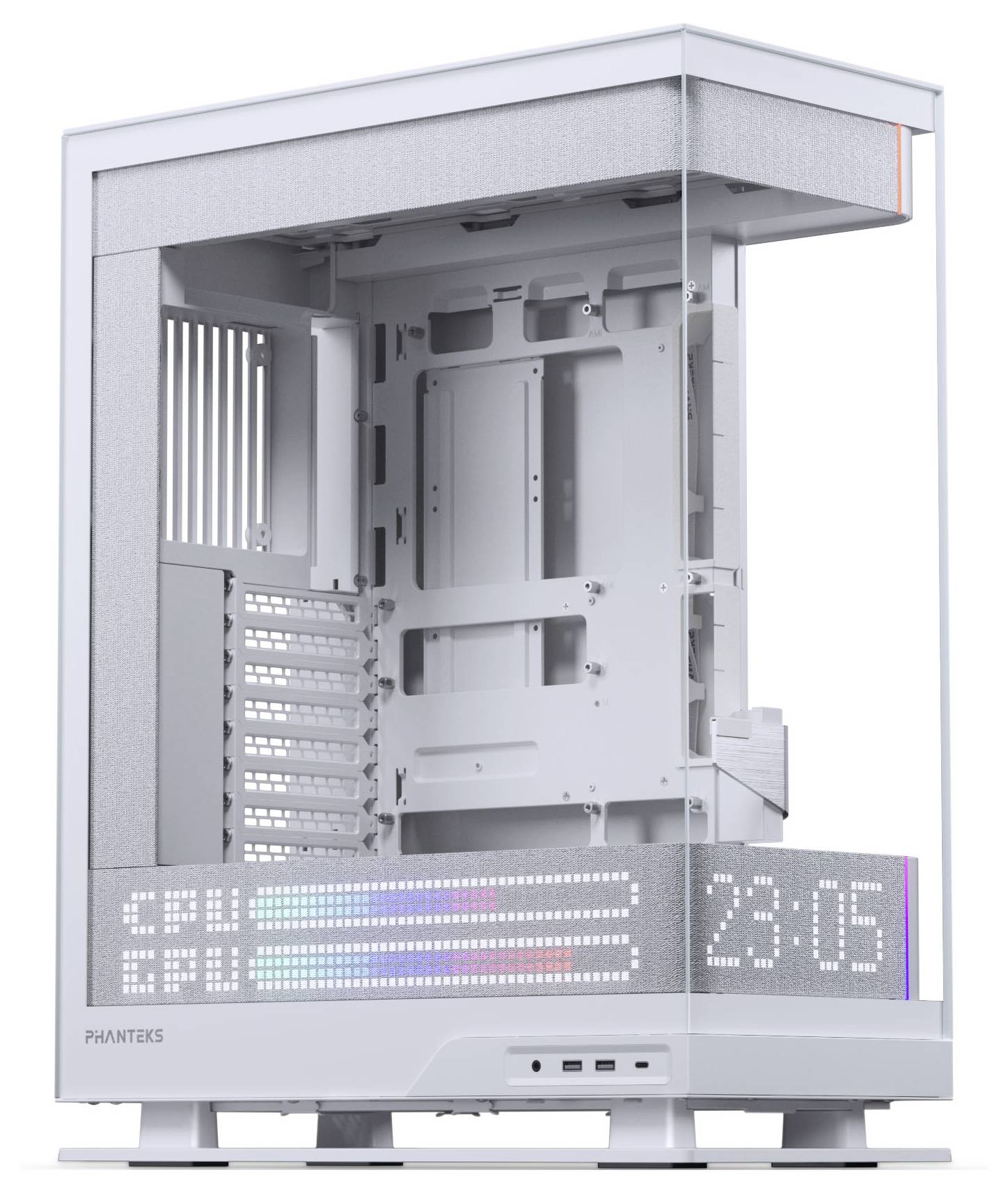 Ein silbernes Computergehäuse von Phanteks mit offener Seitenwand, RGB-Beleuchtung und digitaler Anzeige, die „CPU