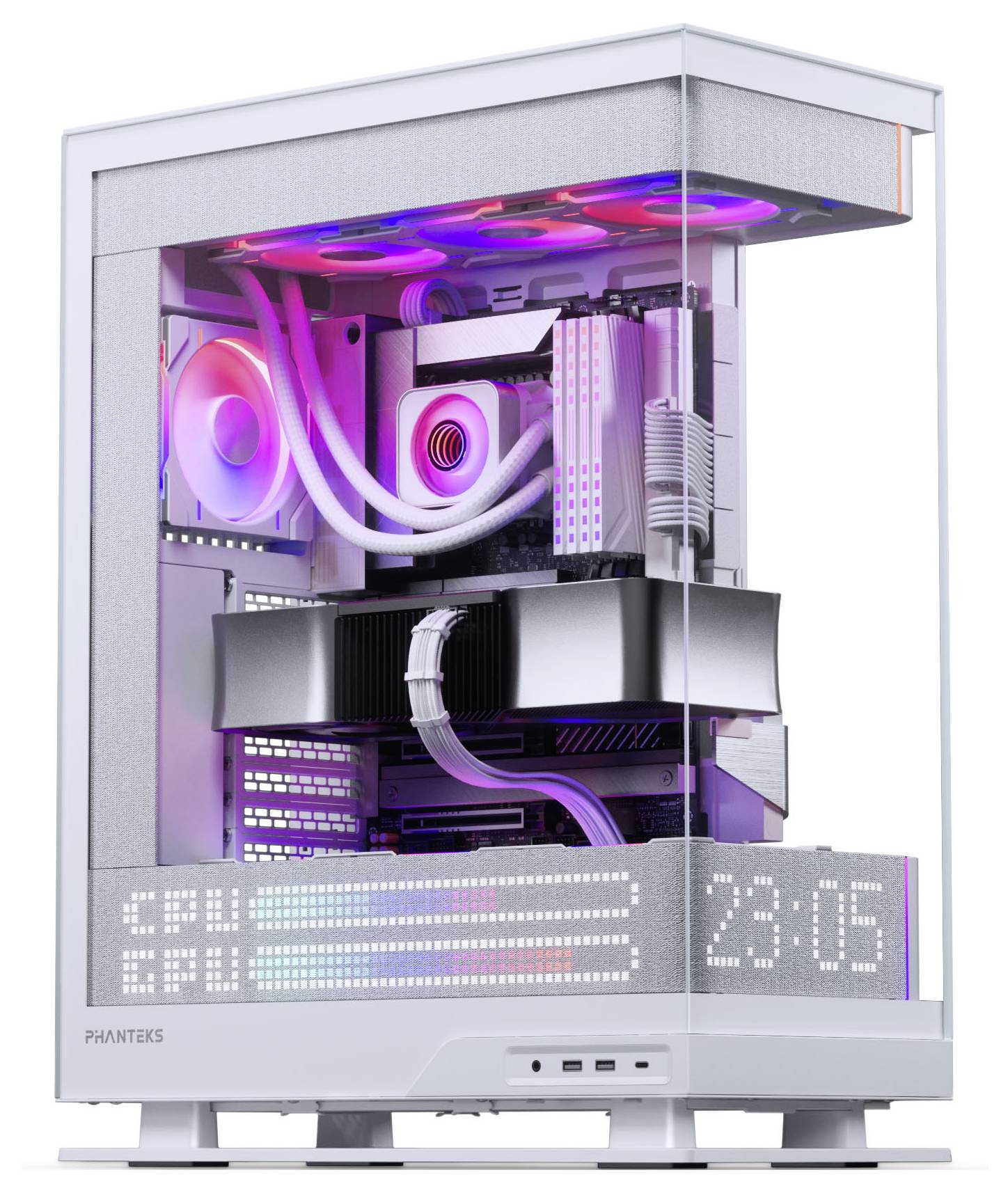 Ein weißer Computer-Tower mit RGB-Beleuchtung im Inneren, der Komponenten wie Lüfter, Kabel und eine Grafikkarte zur Schau stellt. Die Seite hat eine digitale Uhrzeitanzeige.