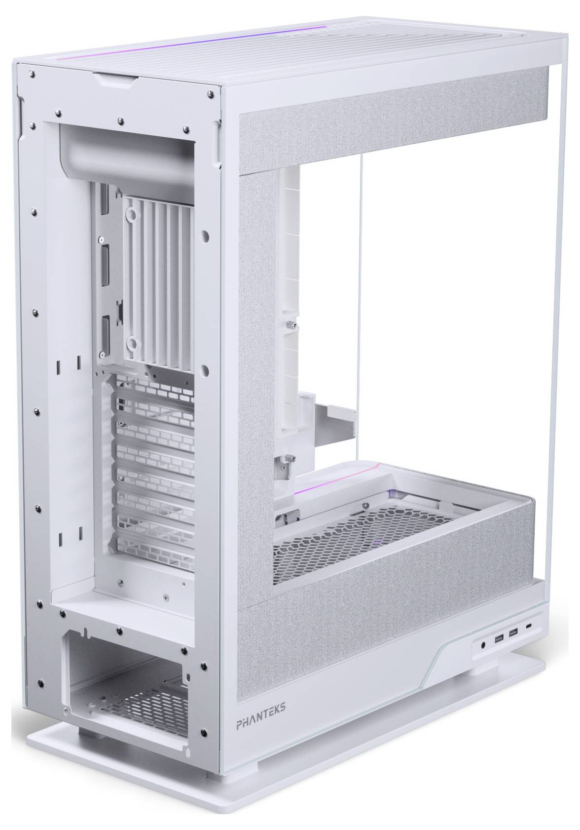 Ein vertikales, weißes Computergehäuse von Phanteks mit offenem Rahmendesign mit sichtbaren Schlitzen und Fächern für Komponenten.