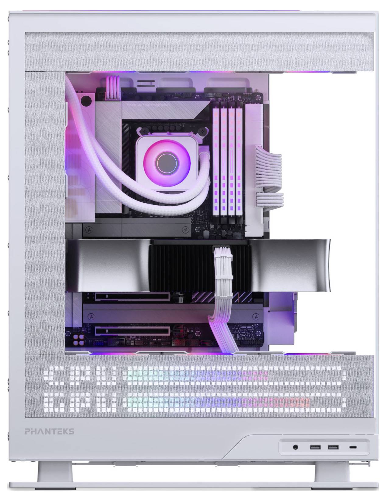 Ein weißes Gaming-Computergehäuse mit sichtbaren Komponenten, RGB-Beleuchtung, Kühlungslüftern und dem Markennamen 'Phanteks' am unteren Ende.