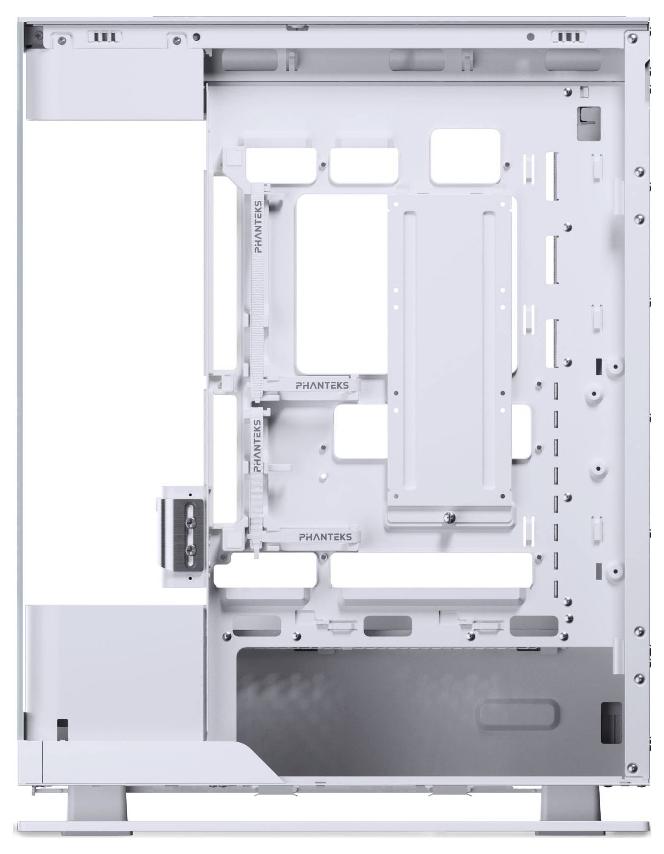 Ein weißes Computergehäuse-Innenraum mit verschiedenen Halterungen, Fächern und Montagepunkten für Hardware, die sein geräumiges Design betonen.