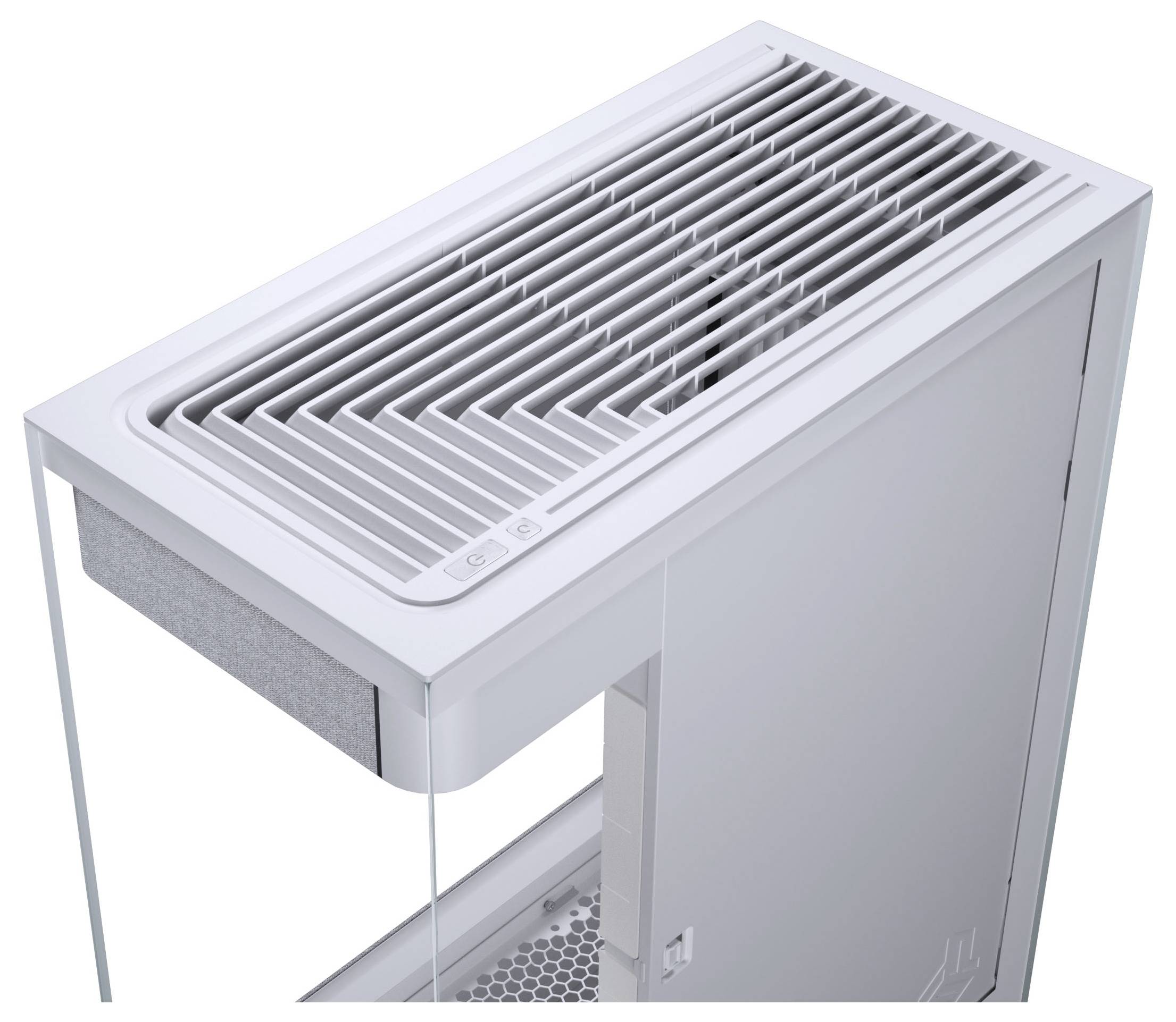 Ein weißes, modernes Luftfiltergerät mit schlankem Design, das ein belüftetes Oberteil und ein Seitenpaneel aufweist. Es scheint sich in Innenräumen zu befinden.