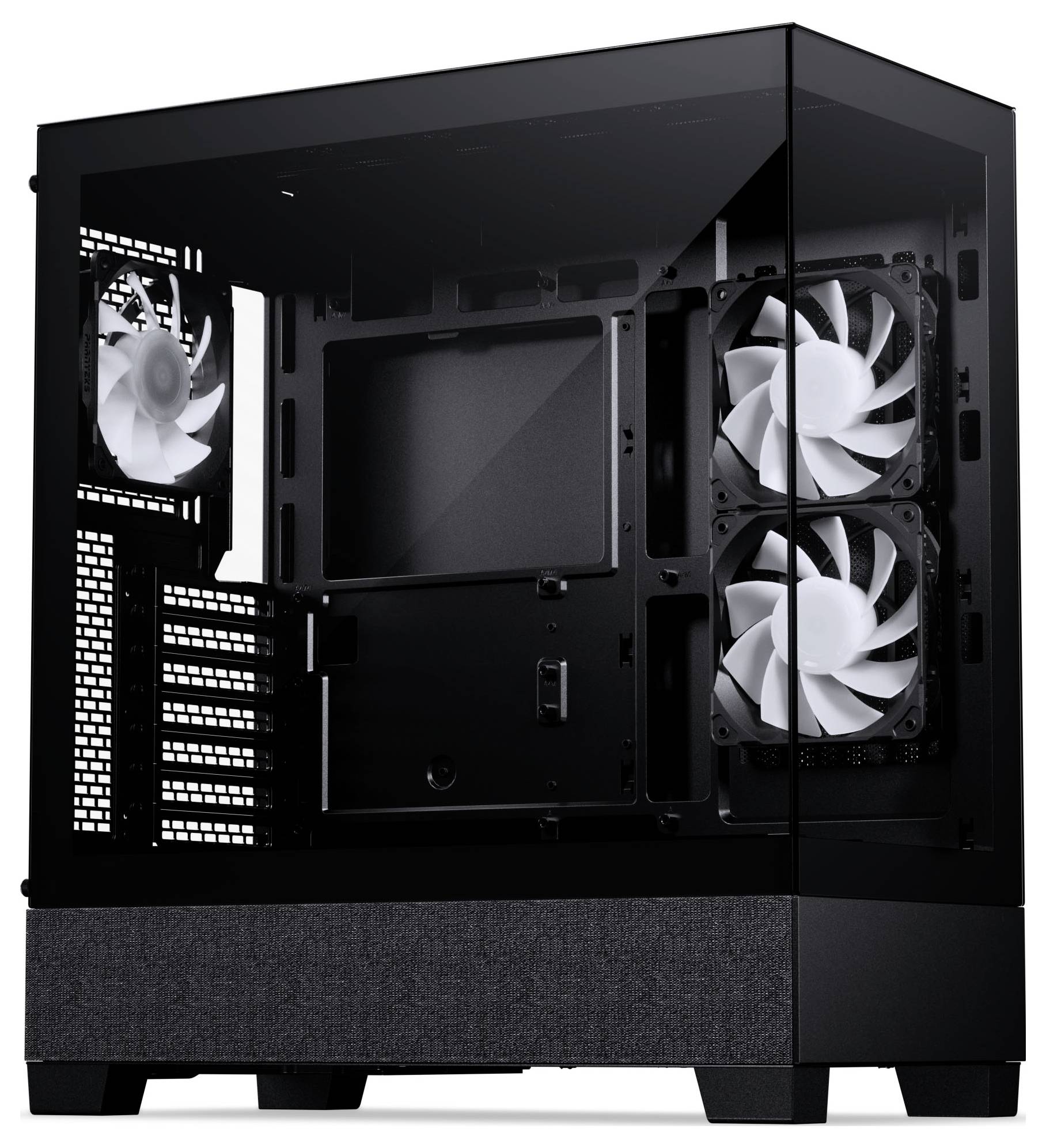 Ein elegantes, leeres schwarzes Computergehäuse mit transparenter Seitenwand, das drei weiße Lüfter zur Kühlung zeigt und für die Installation von benutzerdefinierter Hardware bereit ist.