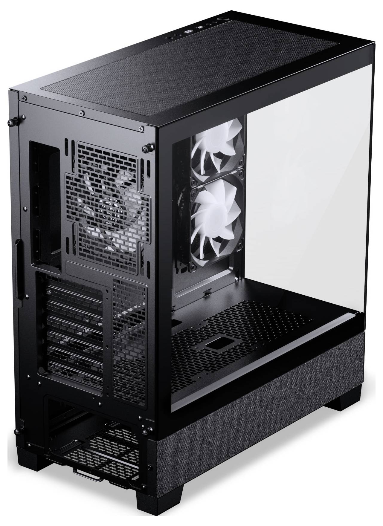 Ein schwarzes Computergehäuse mit transparentem Seitenpanel, zwei weißen Lüftern und mehreren Steckplätzen für Komponenten, aus einem hinteren Blickwinkel betrachtet.
