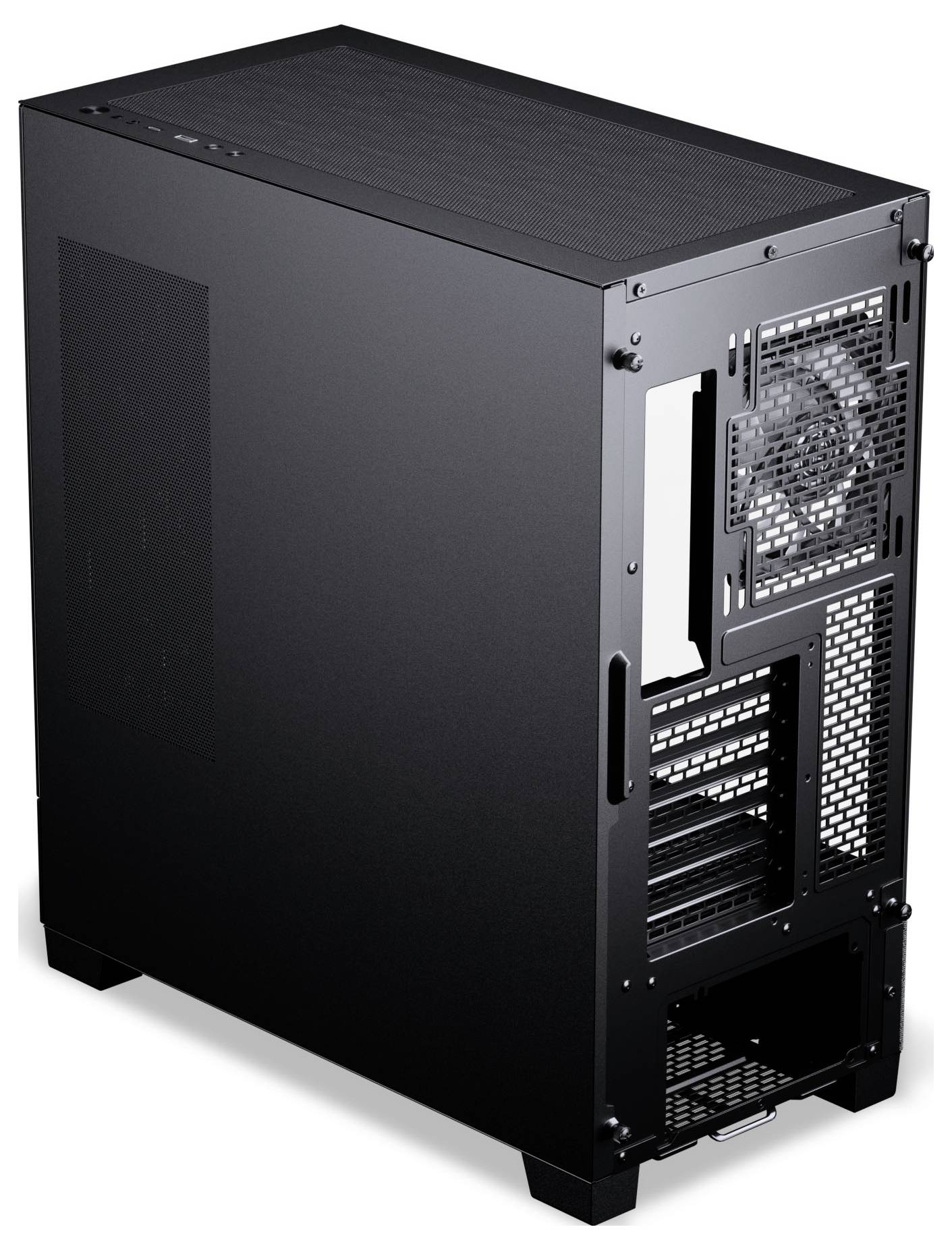 Vertikale GPU-Halterung mit einstellbarer RGB-Beleuchtung, schwarze Metallkonstruktion, angebrachter Ständer, kompatibel mit PC-Gehäusen, Seitenansicht.