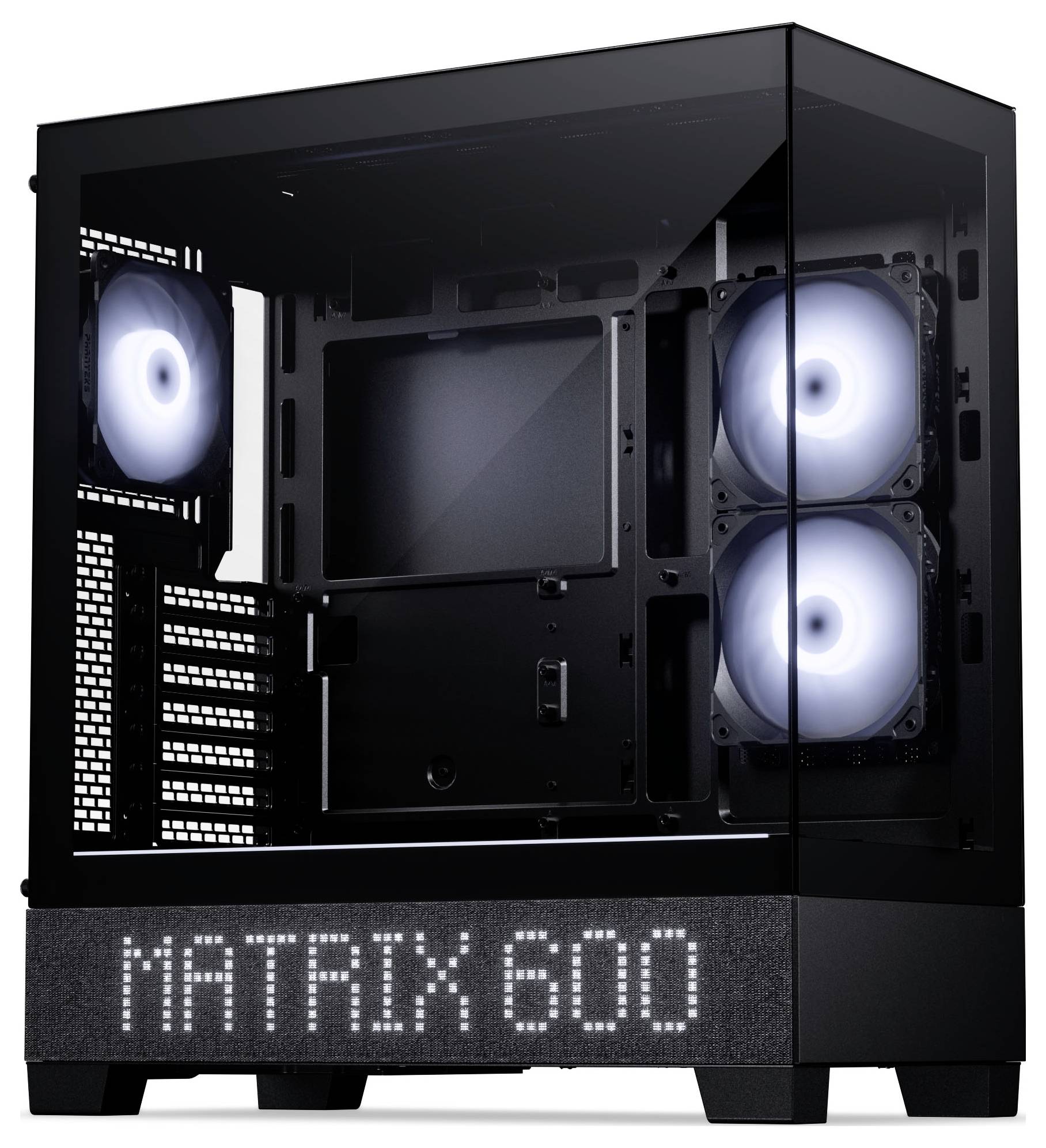 Ein quadratischer, weißer Computergehäuselüfter mit gekrümmten Blättern, mit einem zentralen Logo und der Aufschrift „JONSBO