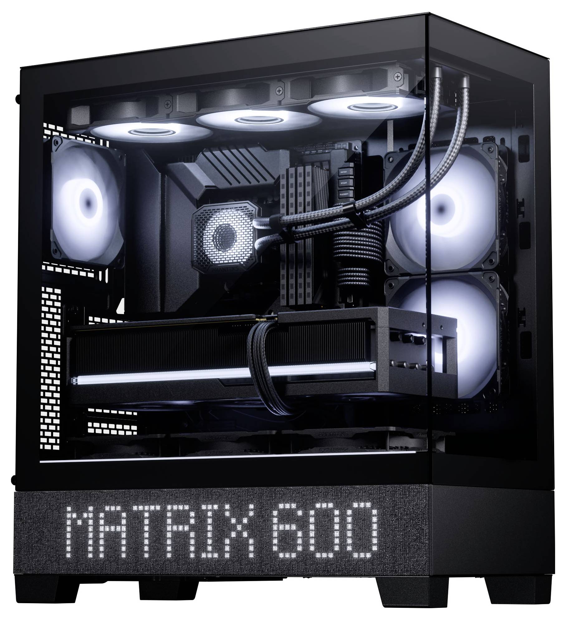 Ein Desktop-Computer mit transparentem Gehäuse, das die internen Komponenten mit RGB-Beleuchtung zur Schau stellt, einschließlich Lüftern und Kühlsystem.