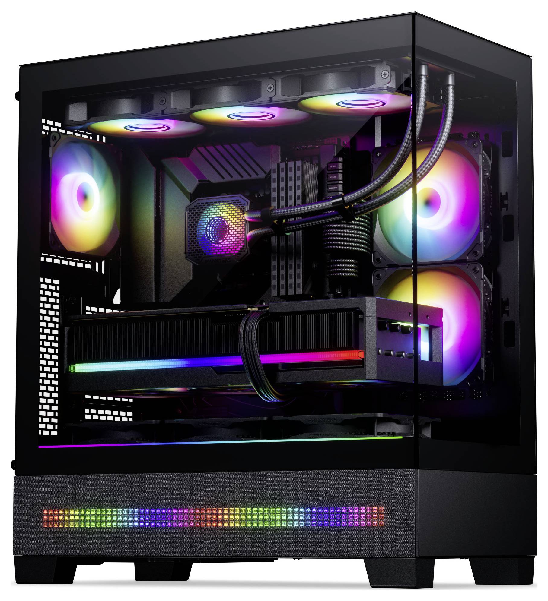 Ein Gaming-PC mit transparentem Seitenpanel, das RGB-Beleuchtung auf Lüftern und Komponenten zeigt und fortschrittliche Kühlung und Ästhetik hervorhebt.