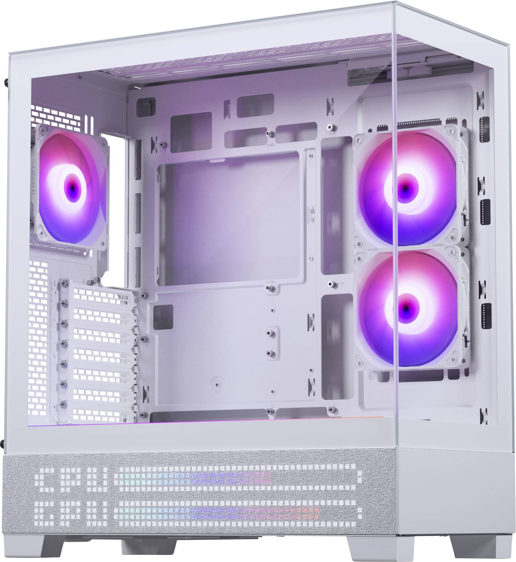 Ein weißes Computergehäuse mit Glaspanelen, das drei RGB-Lüfter mit rosa und violetter Leuchtwirkung zeigt, konzipiert für PC-Bau-Enthusiasten.