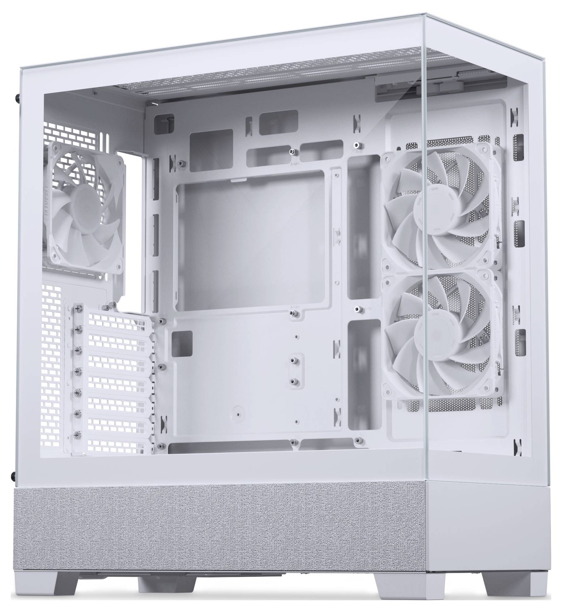 Ein weißes, leeres Computergehäuse mit transparenten Seitenpanelen, das Lüftermontagen und Innenraum für Komponenten zeigt.