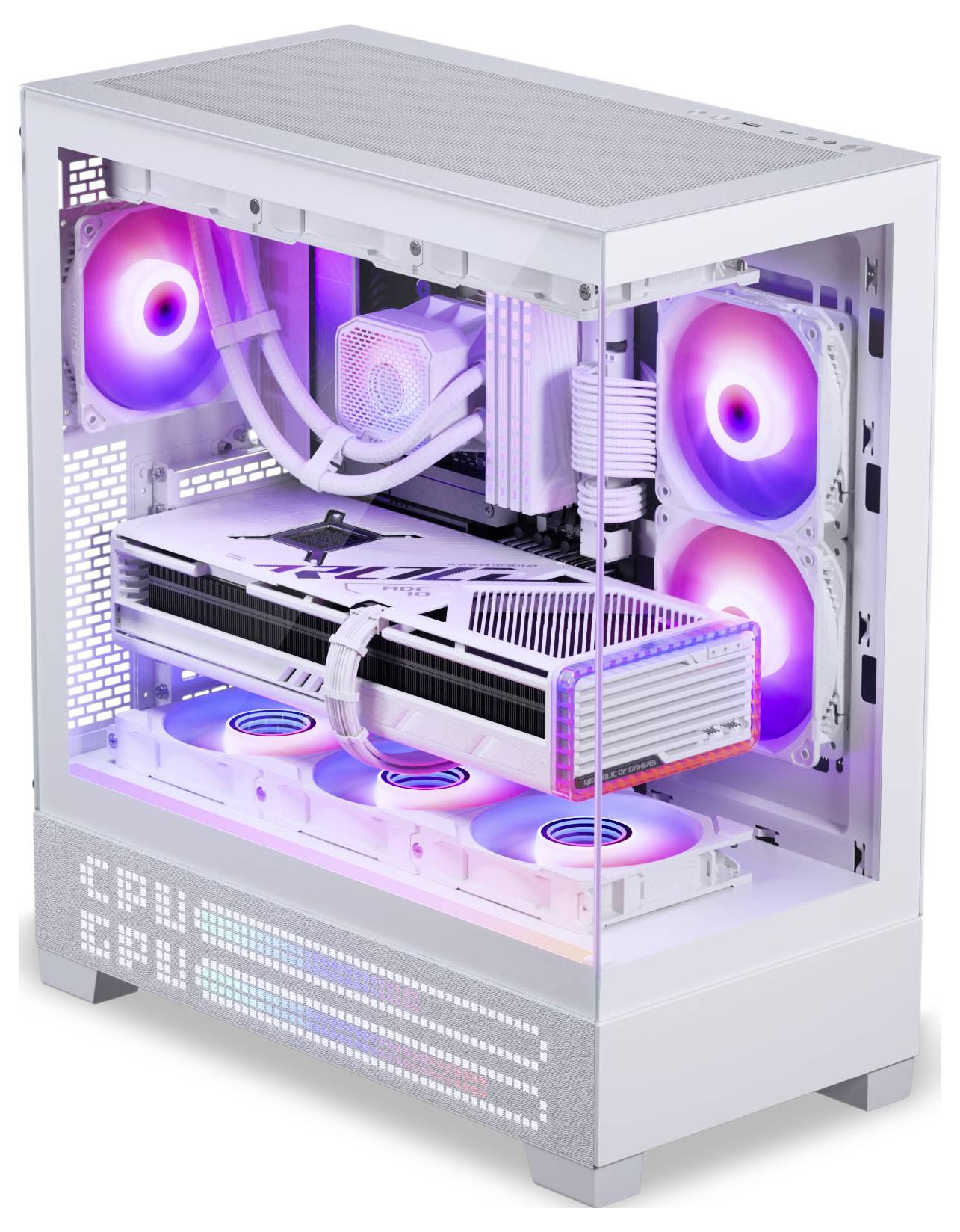 Ein schlanker weißer Gaming-PC mit RGB-Beleuchtung, der interne Komponenten wie Kühlventilatoren, ein Flüssigkühlsystem und eine Grafikkarte präsentiert.